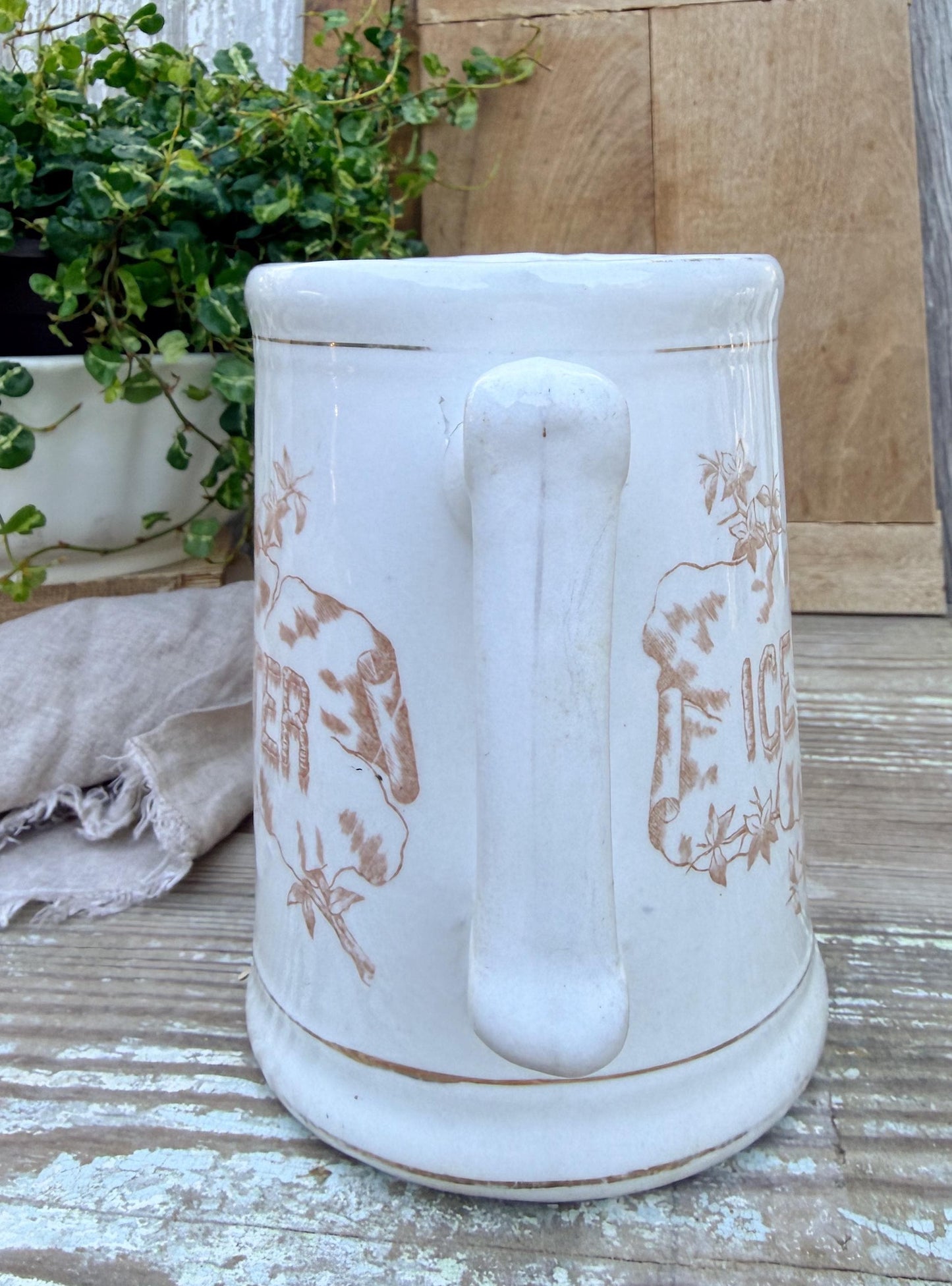 Antique White Ironstone Pitcher ICE WATER Milk Jug Farmhouse Decor ANCHOR Pottery Crazed Transferware Brown