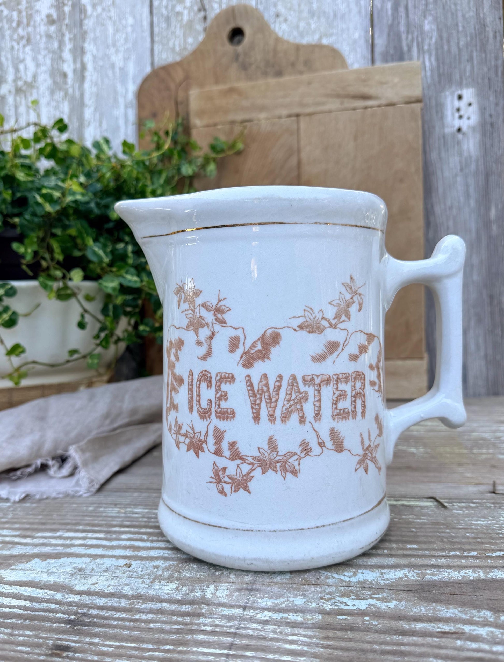 Antique White Ironstone Pitcher ICE WATER Milk Jug Farmhouse Decor ANCHOR Pottery Crazed Transferware Brown