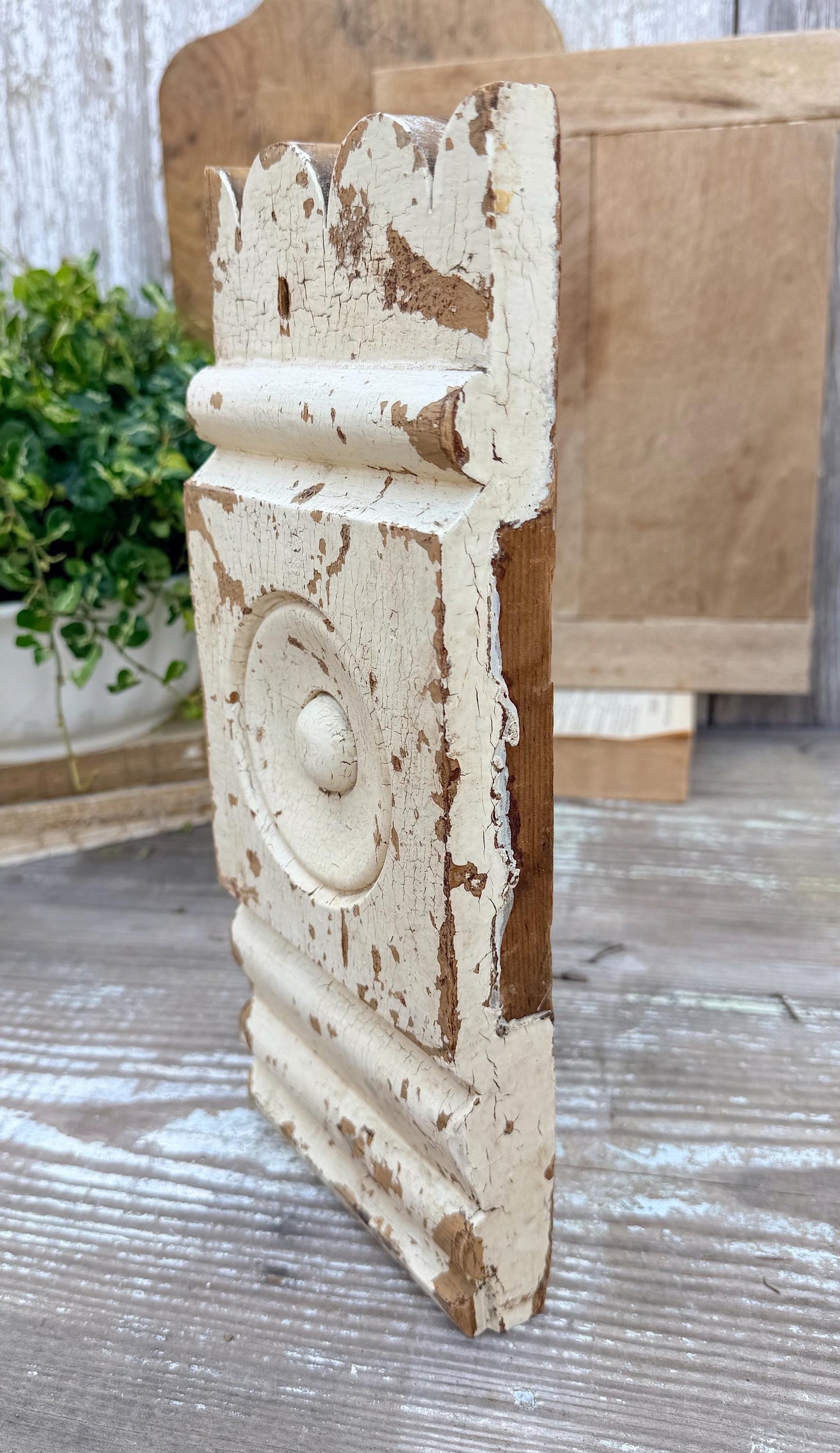 Antique Eastlake Wood Plith: Chippy White Salvaged Architectural Trim Detail