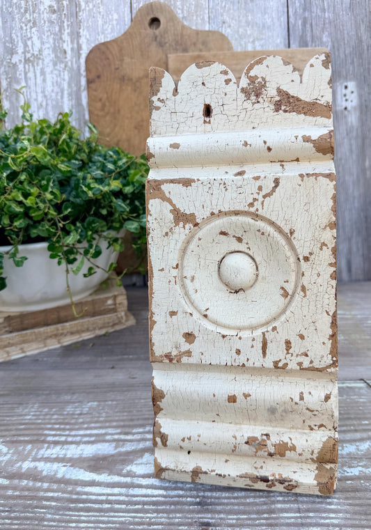 Antique Eastlake Wood Plith: Chippy White Salvaged Architectural Trim Detail