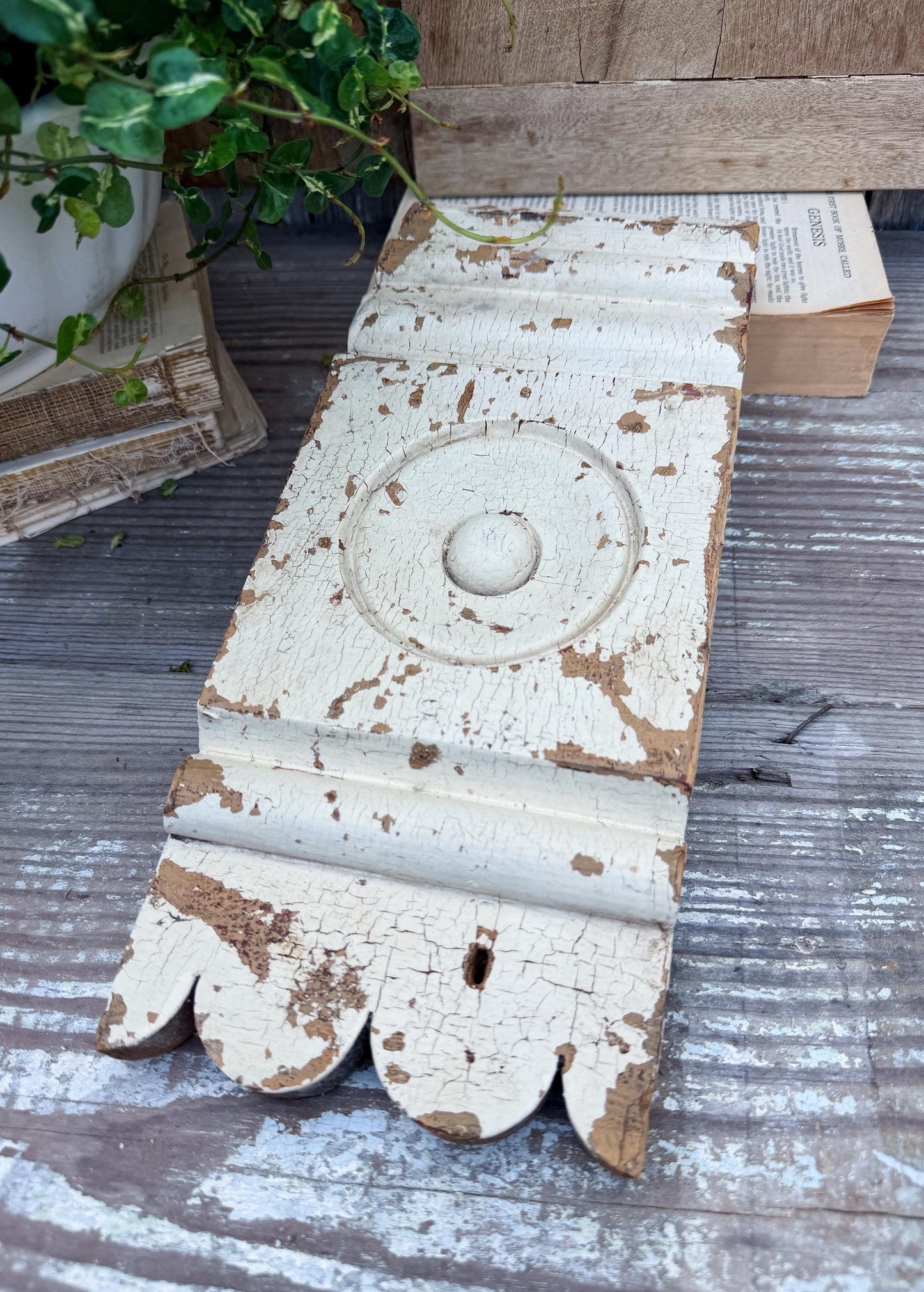 Antique Eastlake Wood Plith: Chippy White Salvaged Architectural Trim Detail
