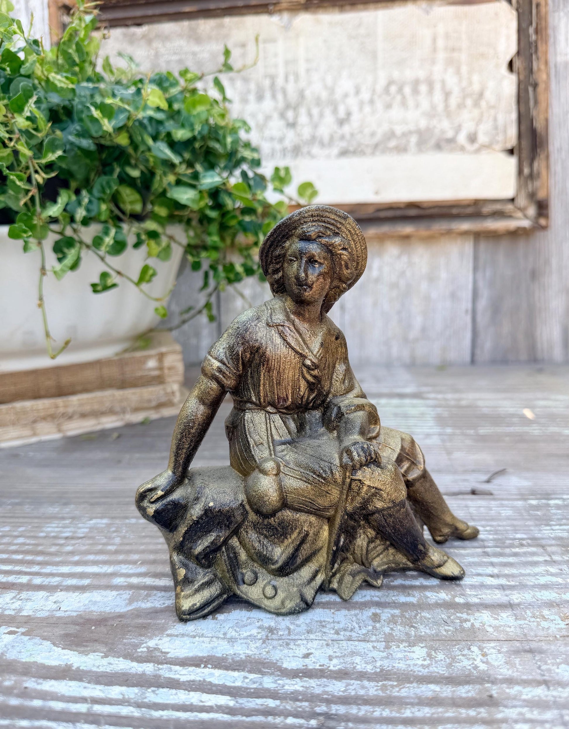 Antique Victorian French Spelter Herder Metal Statue Figurine Brass