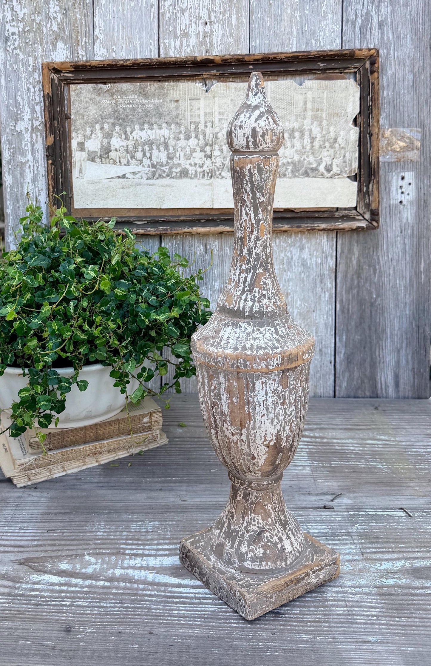 Antique Newell Post Cap LARGE Chippy White Carved Wood Ball End Architectural Salvage