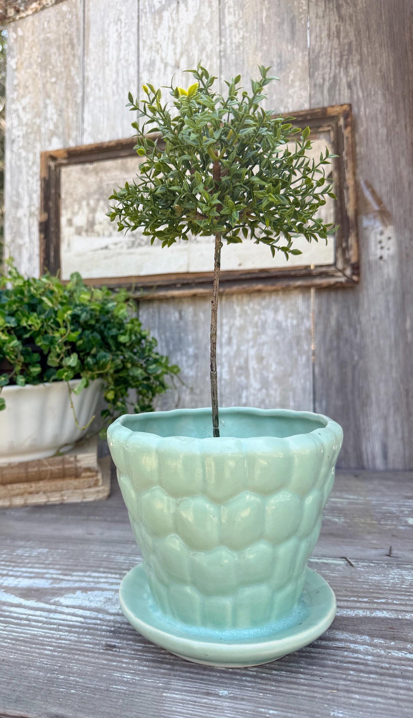 Antique McCoy Pebble Flower Pot with Saucer – Green USA Planter Container