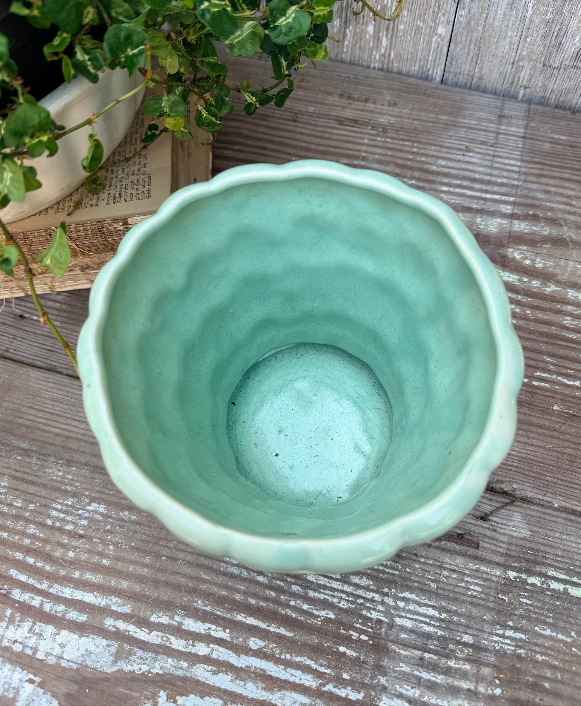 Antique McCoy Pebble Flower Pot with Saucer – Green USA Planter Container