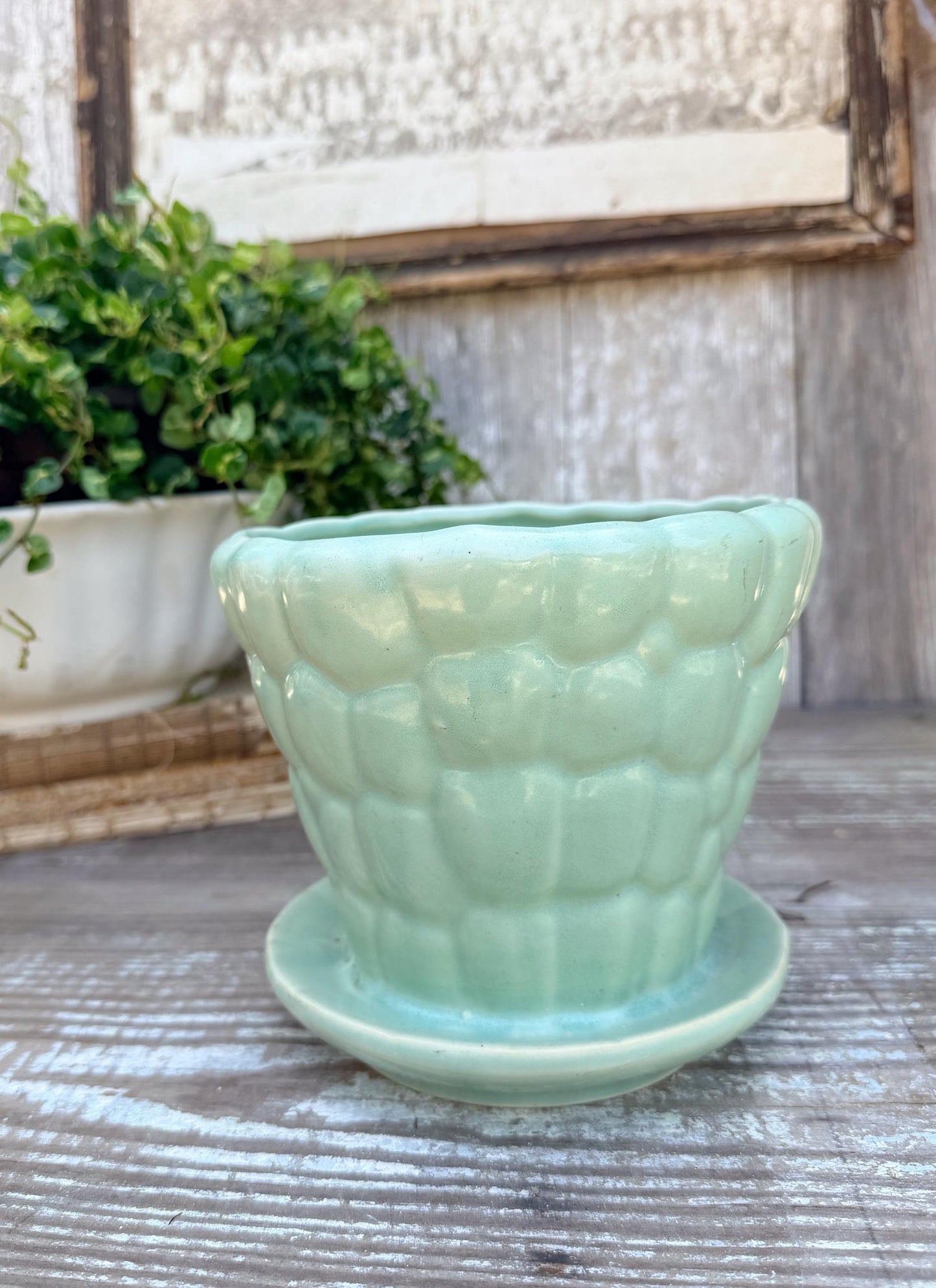 Antique McCoy Pebble Flower Pot with Saucer – Green USA Planter Container