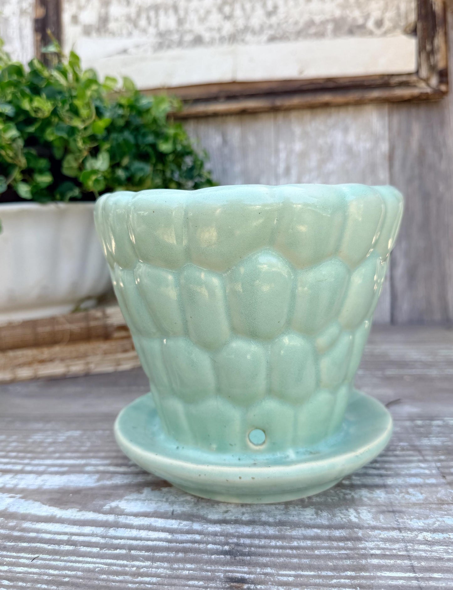 Antique McCoy Pebble Flower Pot with Saucer – Green USA Planter Container