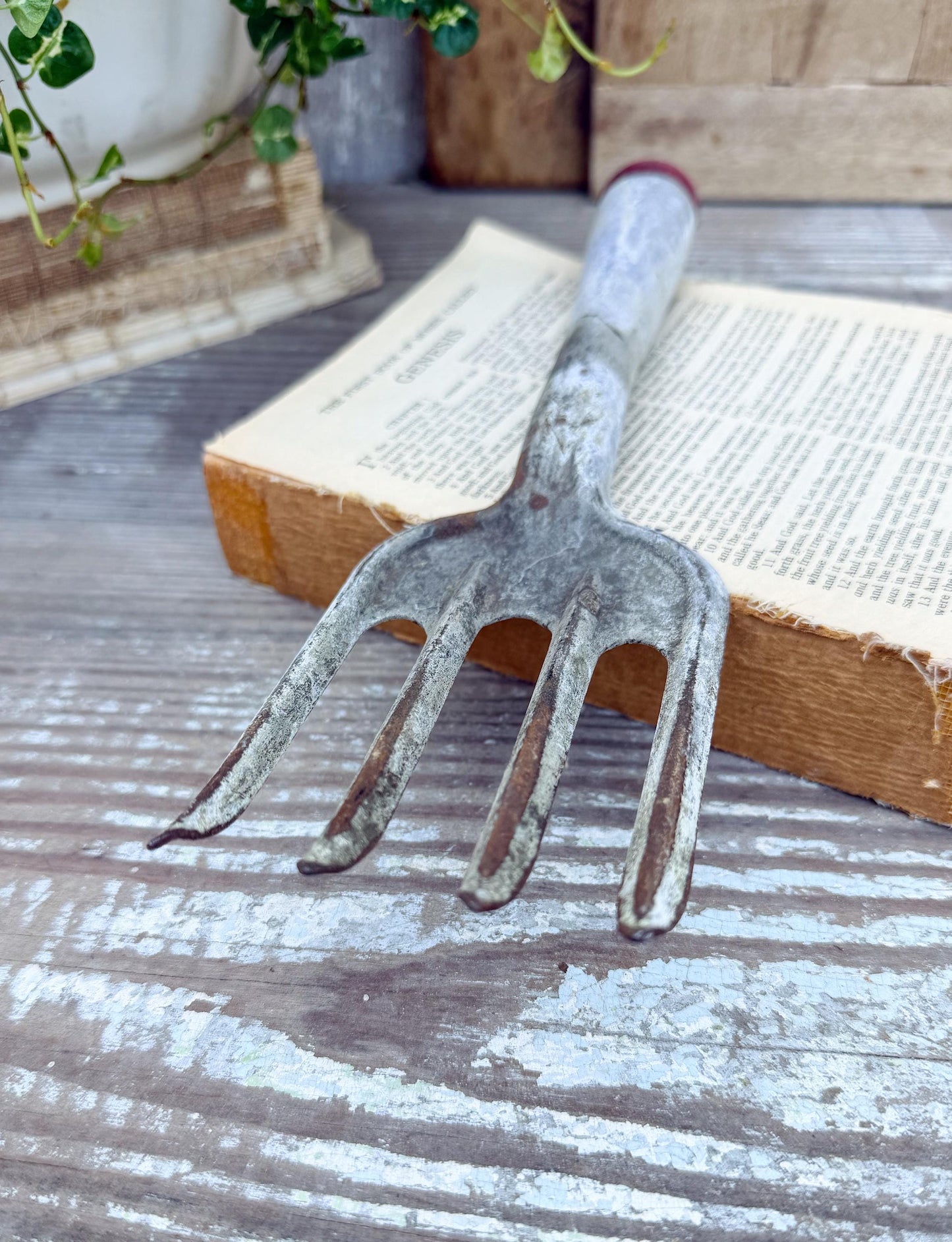 Vintage RED Garden Hand Tool Fork Metal Farmhouse Decor Industrial Salvage