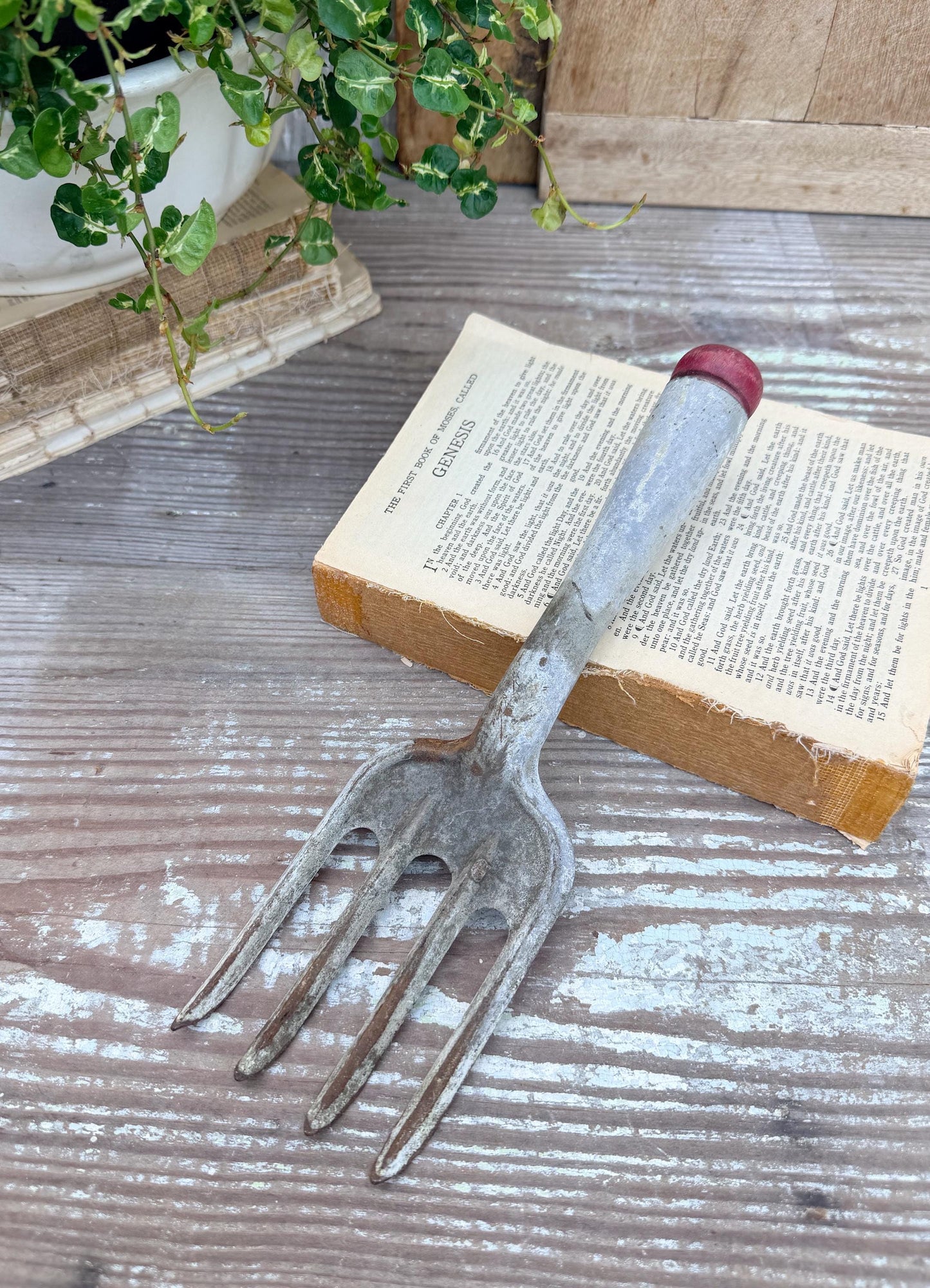 Vintage RED Garden Hand Tool Fork Metal Farmhouse Decor Industrial Salvage