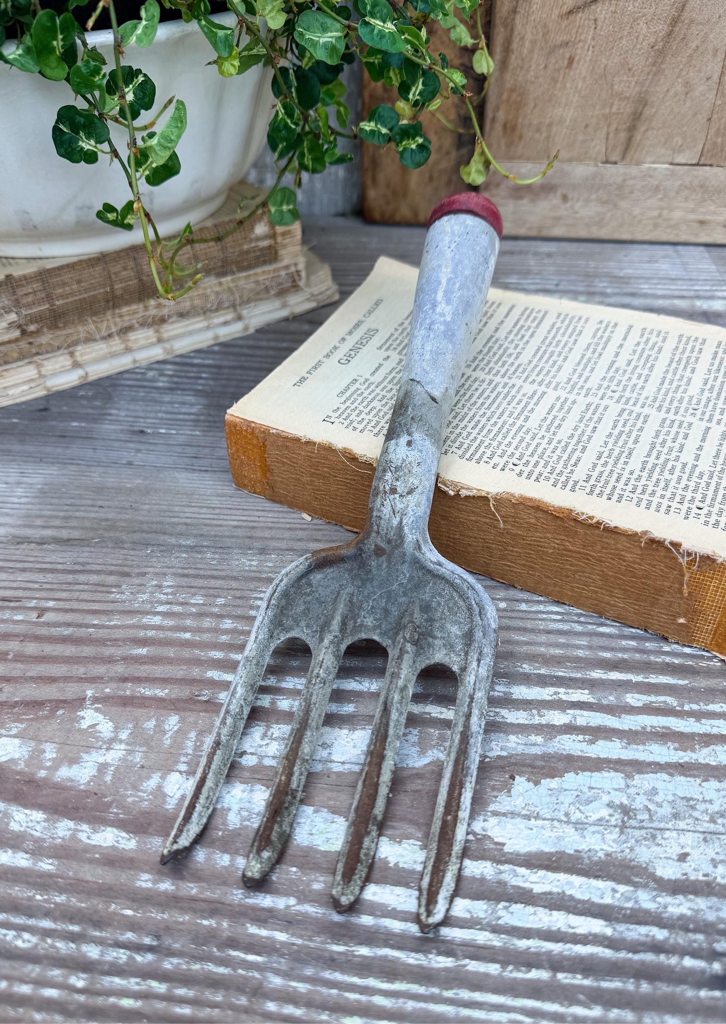 Vintage RED Garden Hand Tool Fork Metal Farmhouse Decor Industrial Salvage
