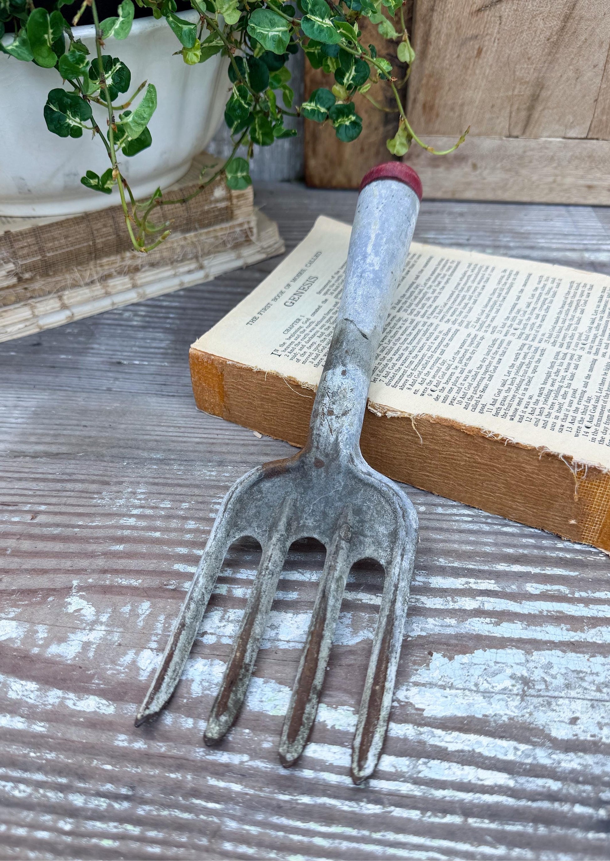 Vintage RED Garden Hand Tool Fork Metal Farmhouse Decor Industrial Salvage