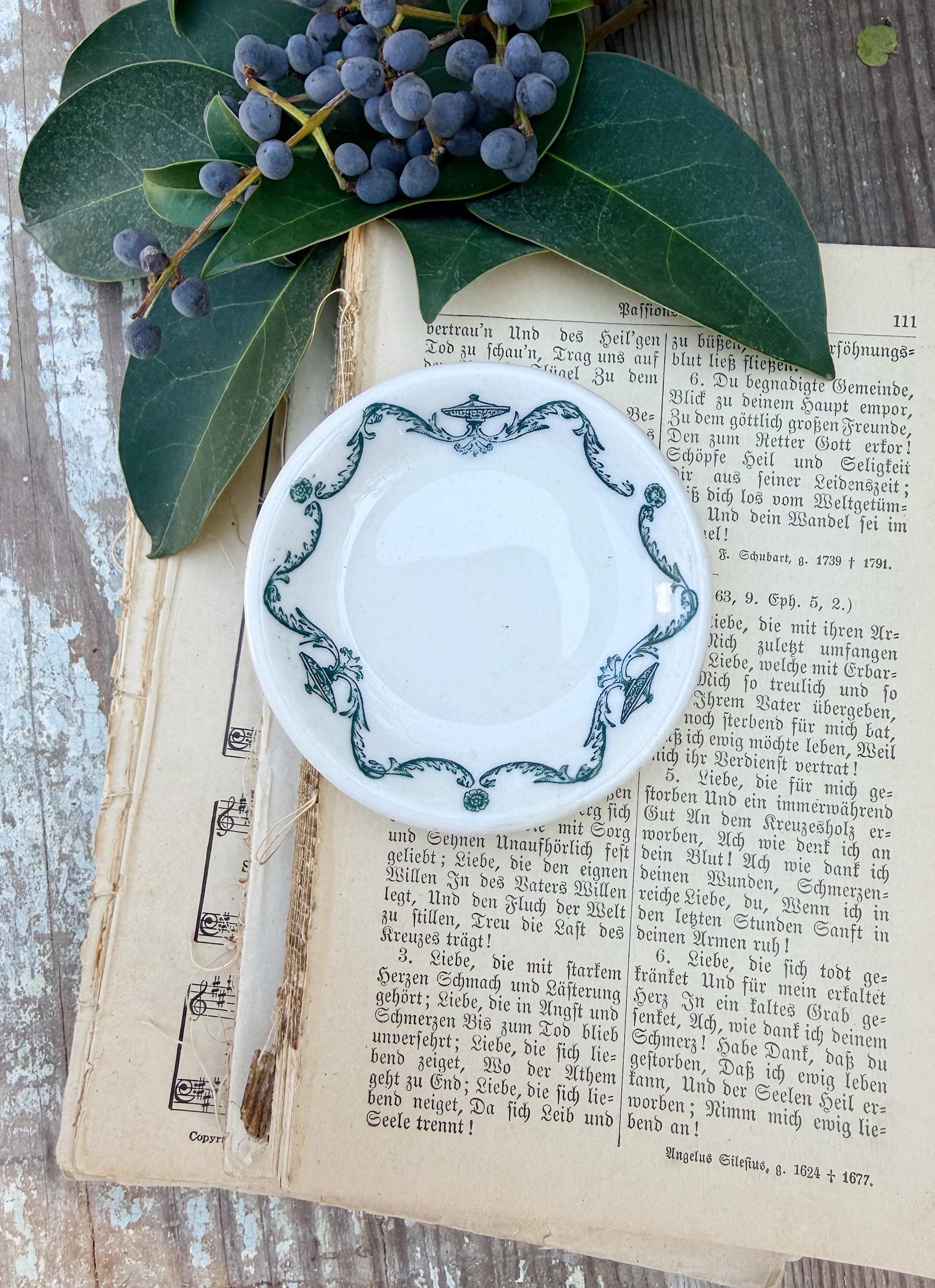 Antique Ironstone Butter Pat Chunky Transferware Green White Floral Farmhouse Decor