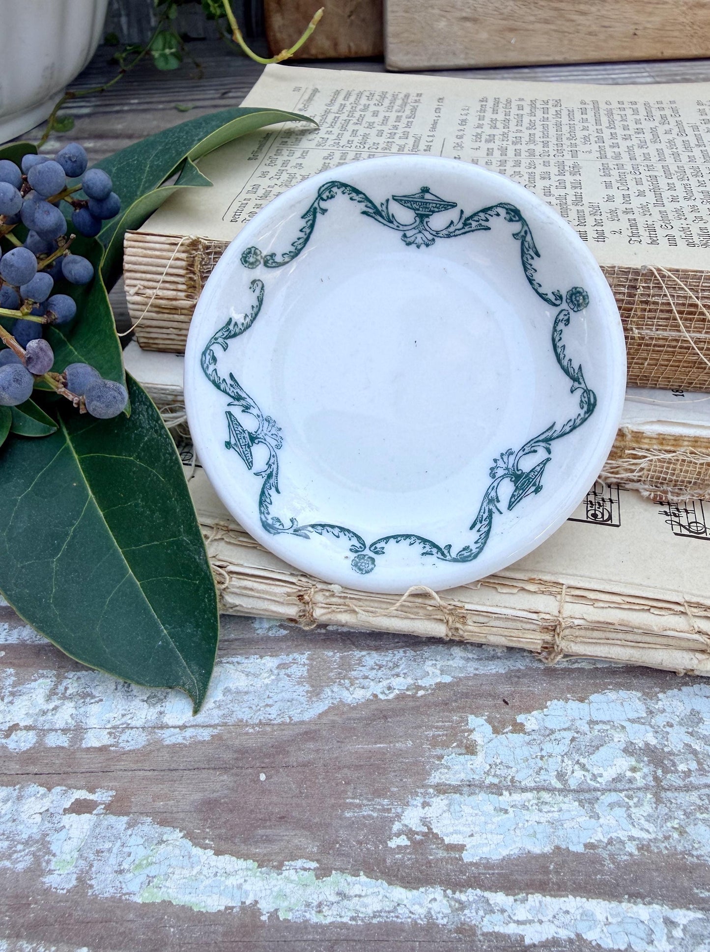 Antique Ironstone Butter Pat Chunky Transferware Green White Floral Farmhouse Decor