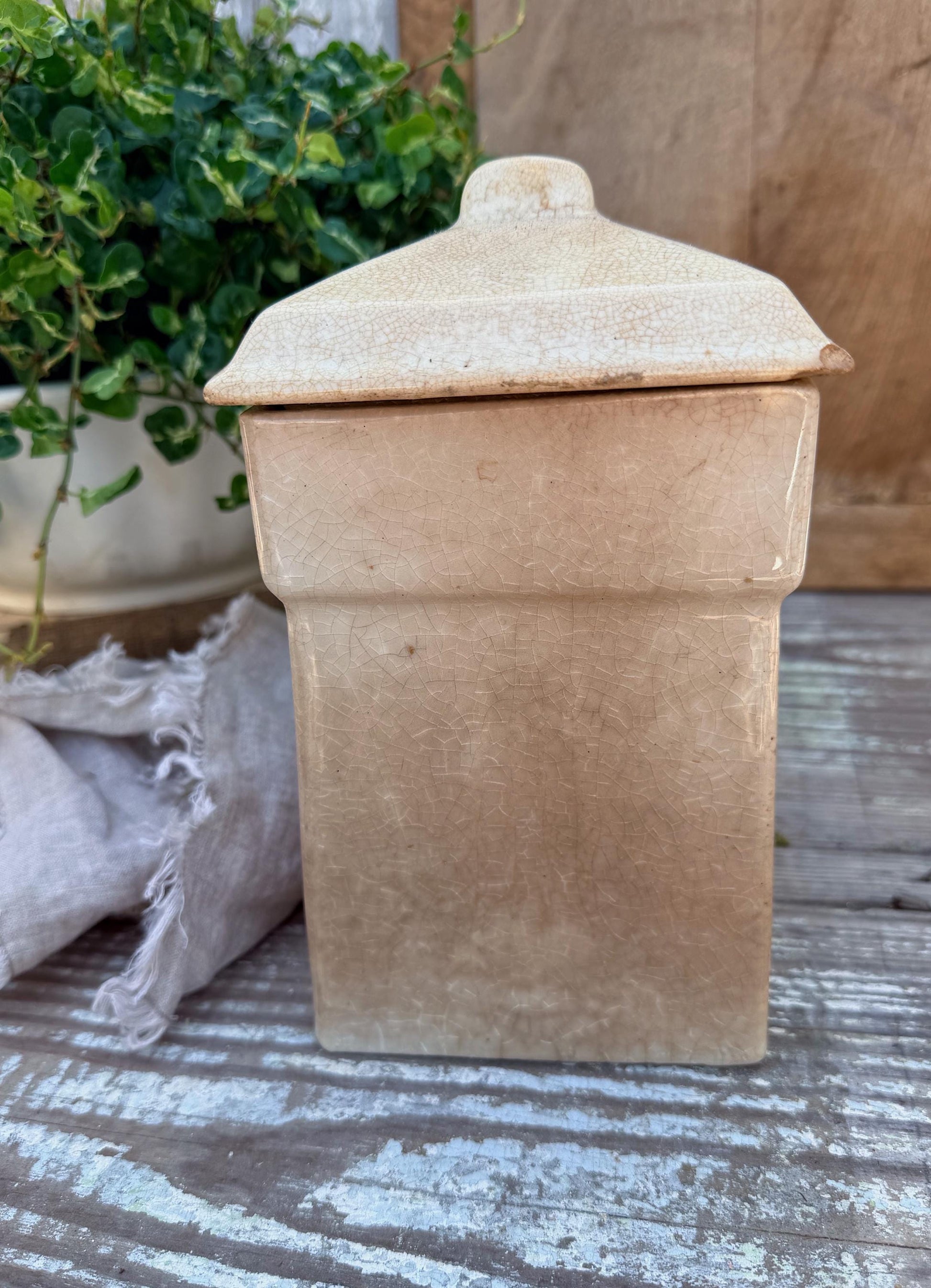 Antique Ironstone OATMEAL Jar Canister Farmhouse Decor Crazed Stained