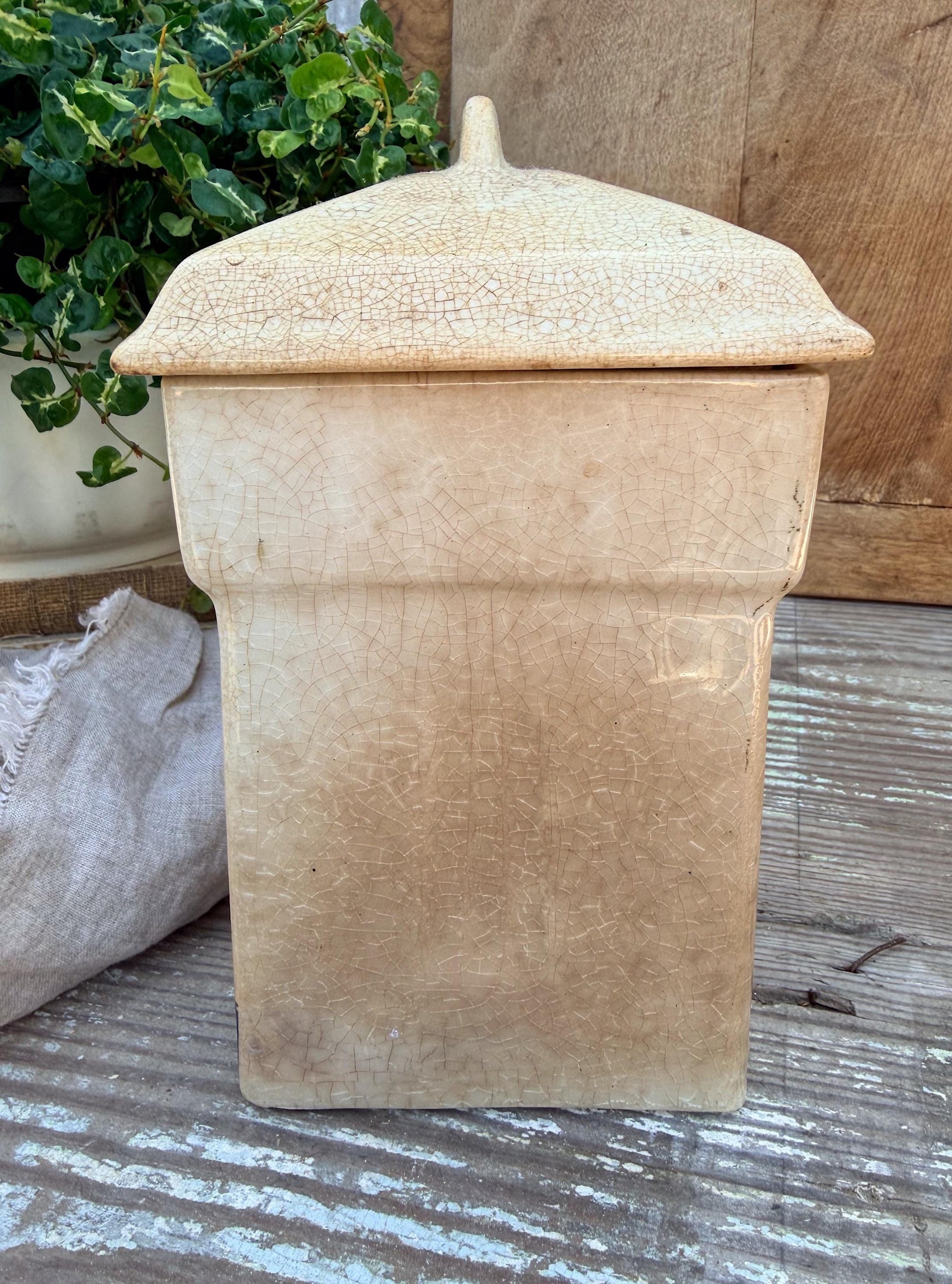 Antique Ironstone OATMEAL Jar Canister Farmhouse Decor Crazed Stained