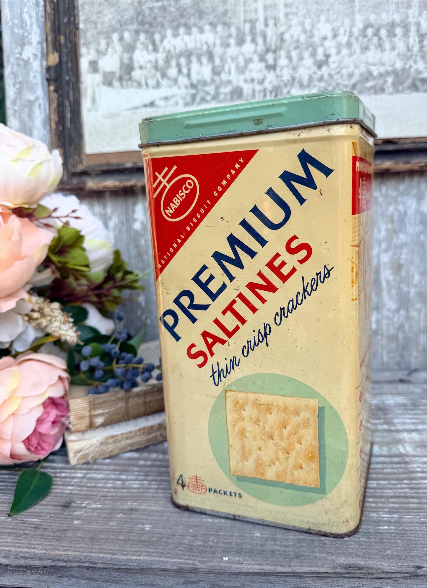 Vintage SALTINES CRACKER Can Tin Canister Farmhouse Decor Garden Vase Container
