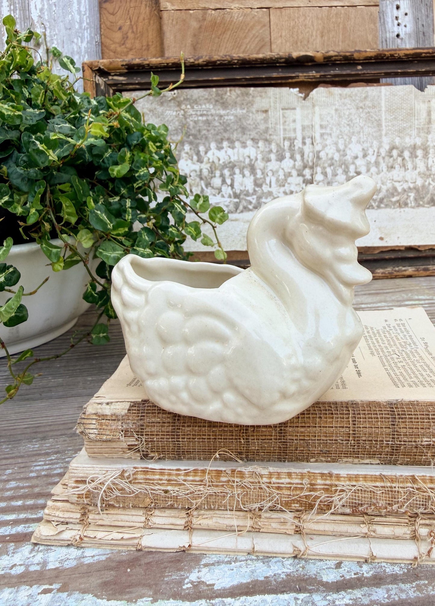 Vintage Ceramic Duck with Bonnet Flower Pot USA Container Farmhouse Decor GARDEN Decor Ironstone