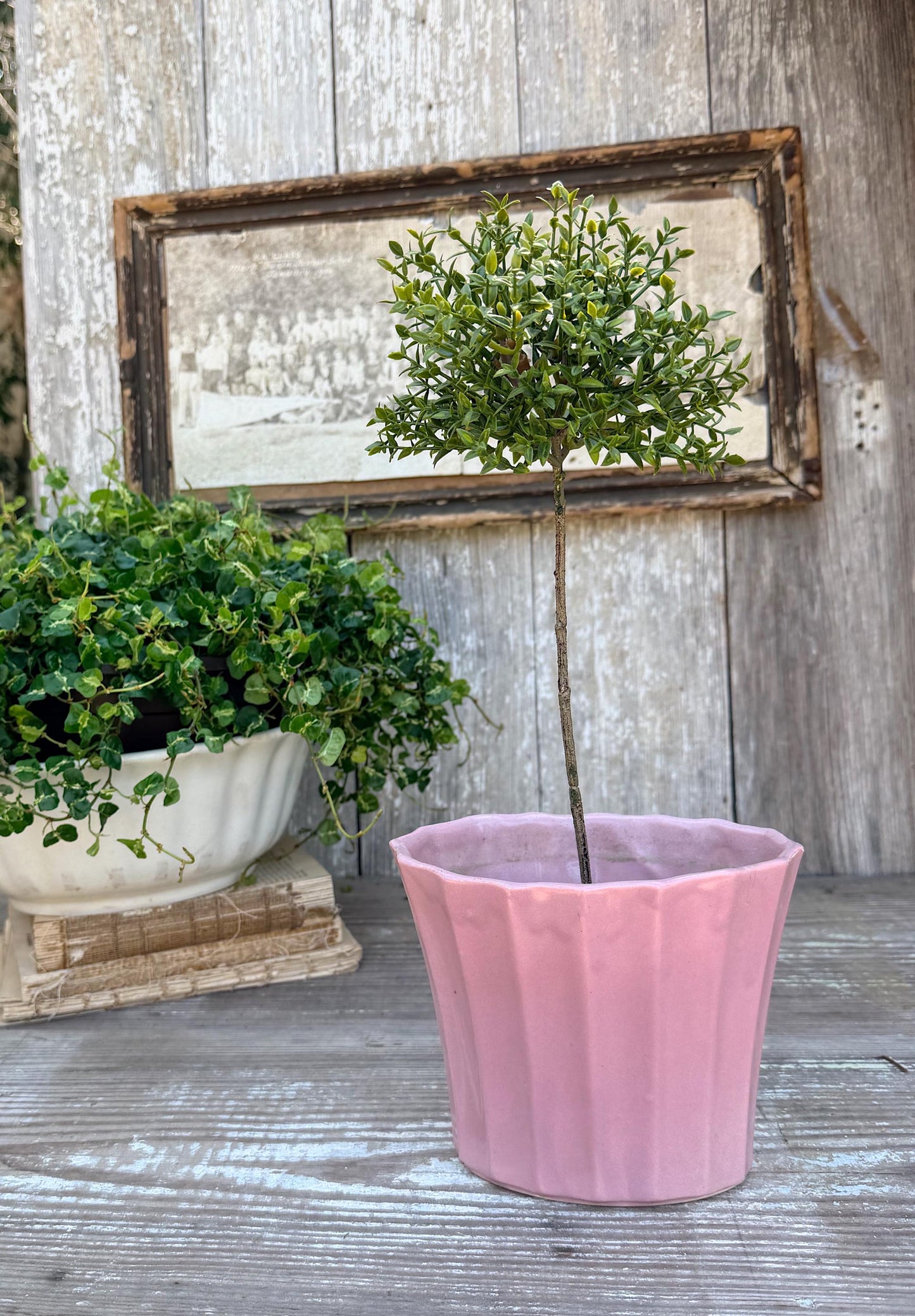 Antique PINK Flower Pot With Saucer USA Planter Container Farmhouse Vintage Garden Decor Spring
