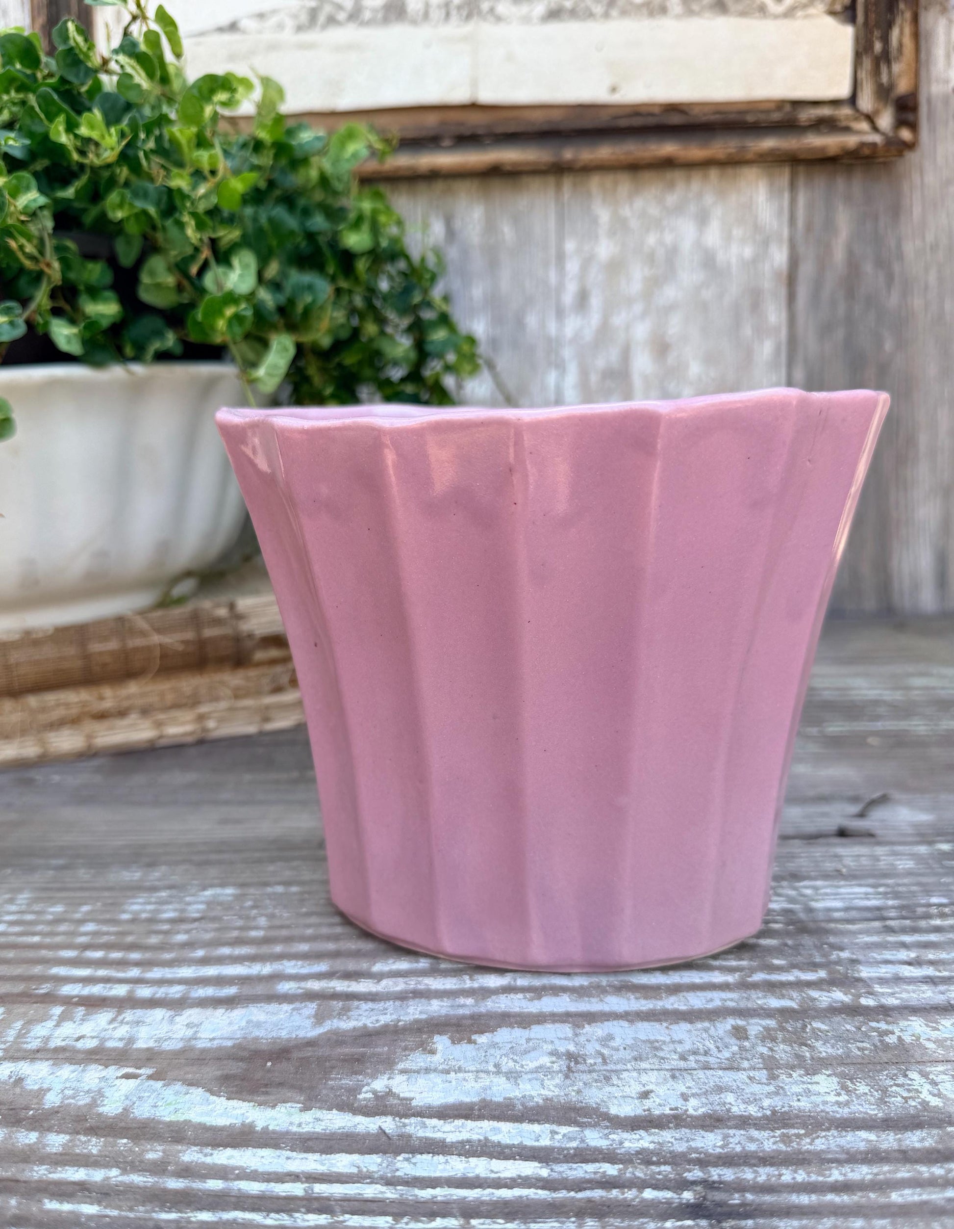 Antique PINK Flower Pot With Saucer USA Planter Container Farmhouse Vintage Garden Decor Spring