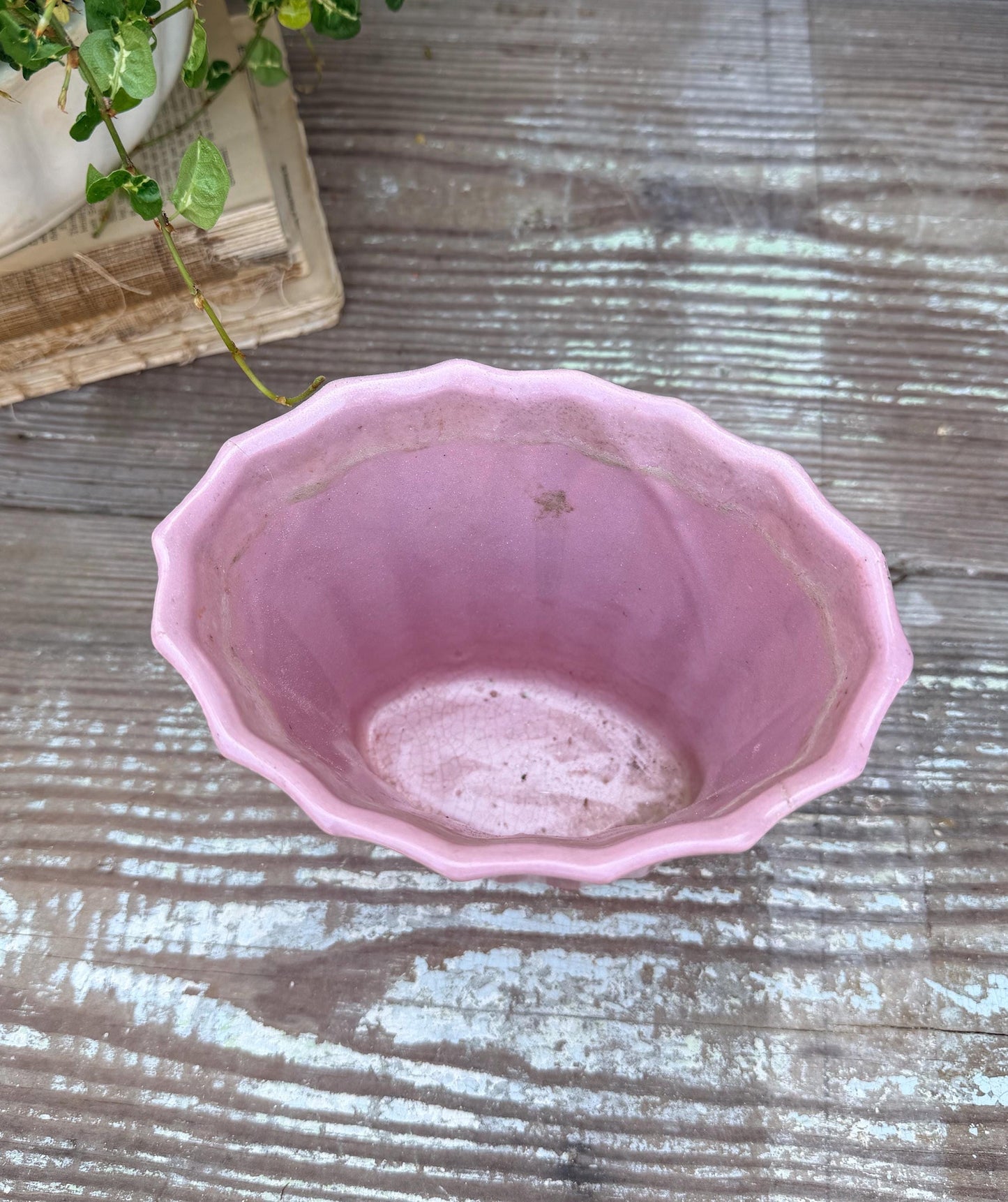 Antique PINK Flower Pot With Saucer USA Planter Container Farmhouse Vintage Garden Decor Spring