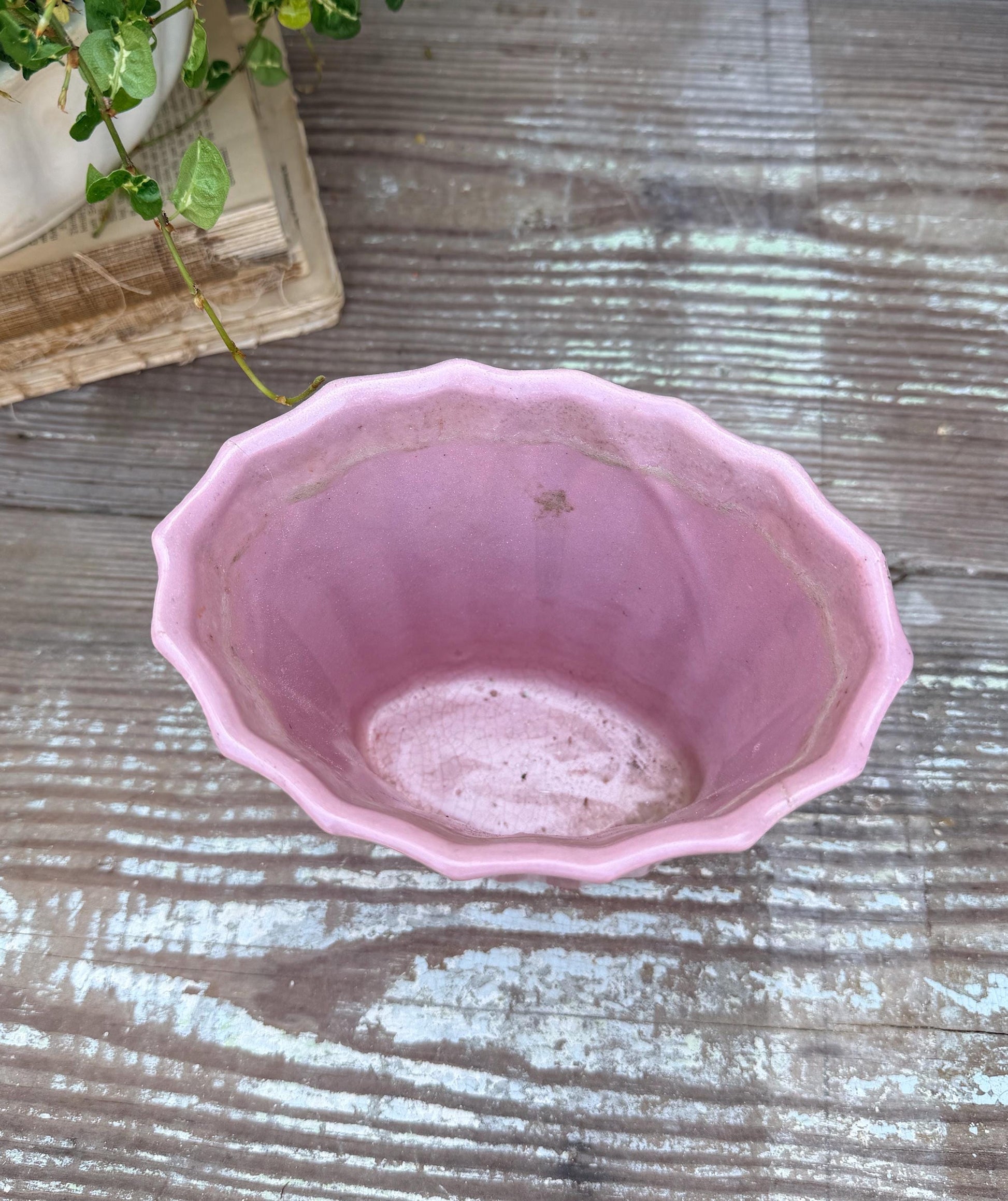 Antique PINK Flower Pot With Saucer USA Planter Container Farmhouse Vintage Garden Decor Spring