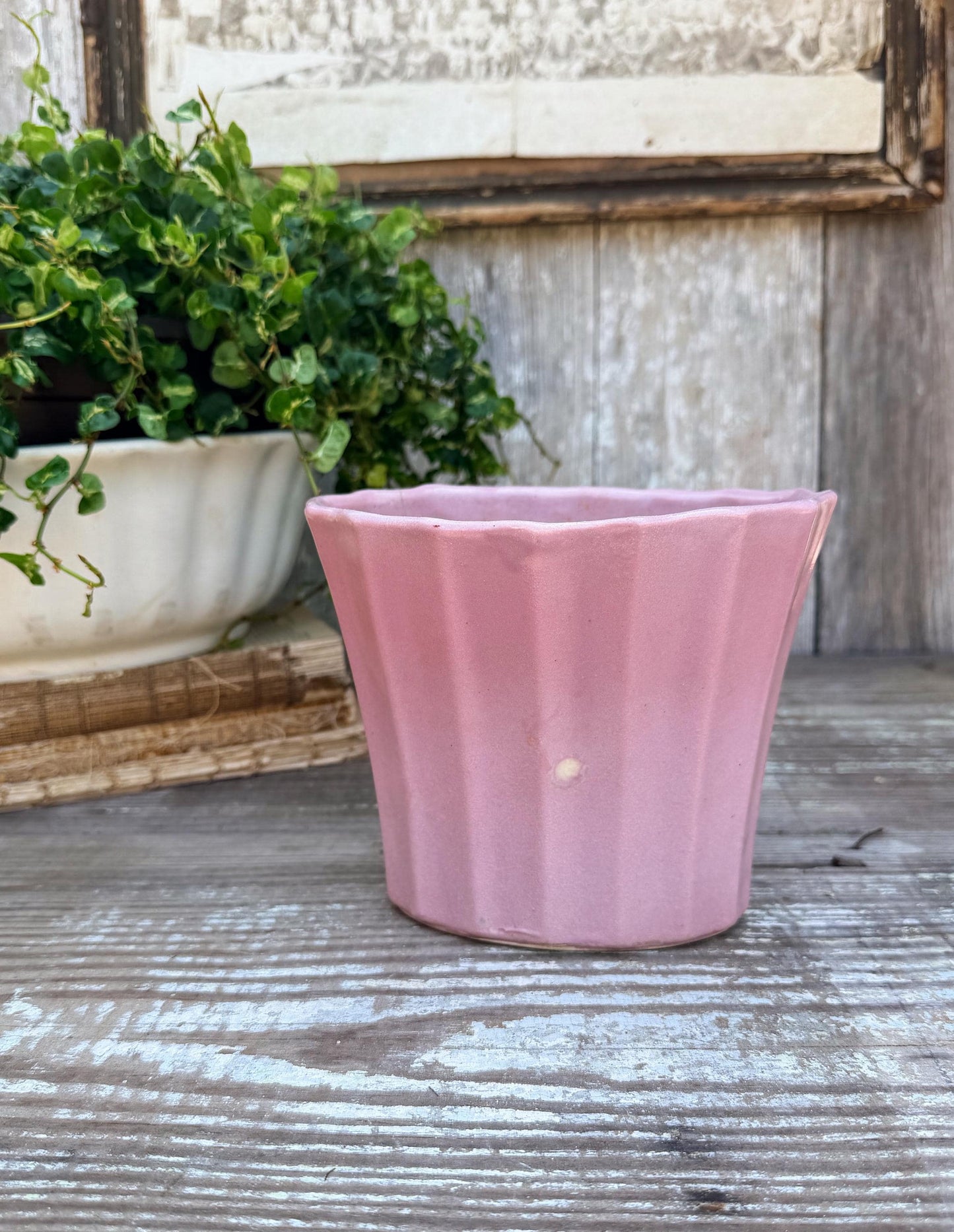 Antique PINK Flower Pot With Saucer USA Planter Container Farmhouse Vintage Garden Decor Spring