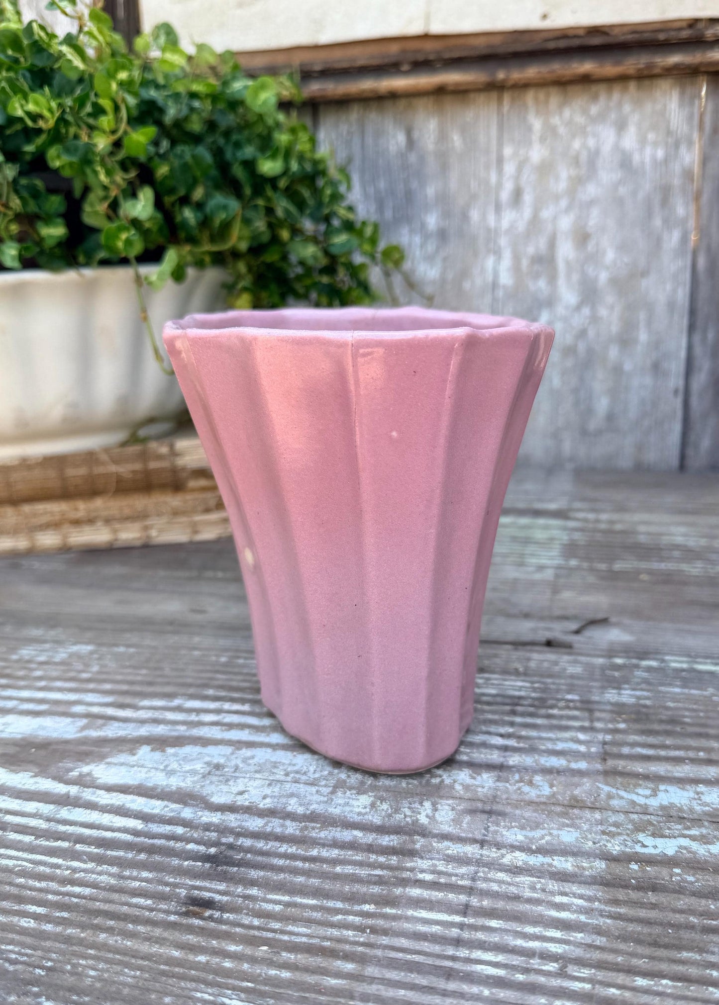 Antique PINK Flower Pot With Saucer USA Planter Container Farmhouse Vintage Garden Decor Spring