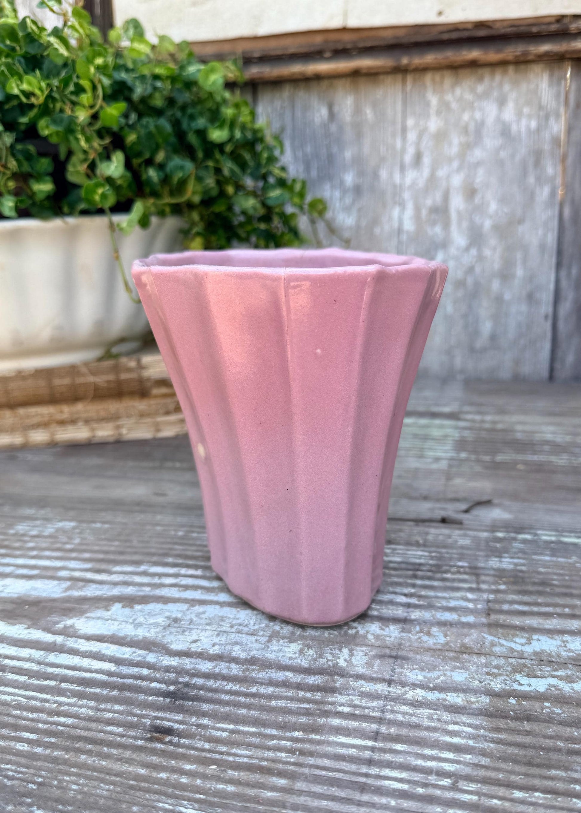 Antique PINK Flower Pot With Saucer USA Planter Container Farmhouse Vintage Garden Decor Spring