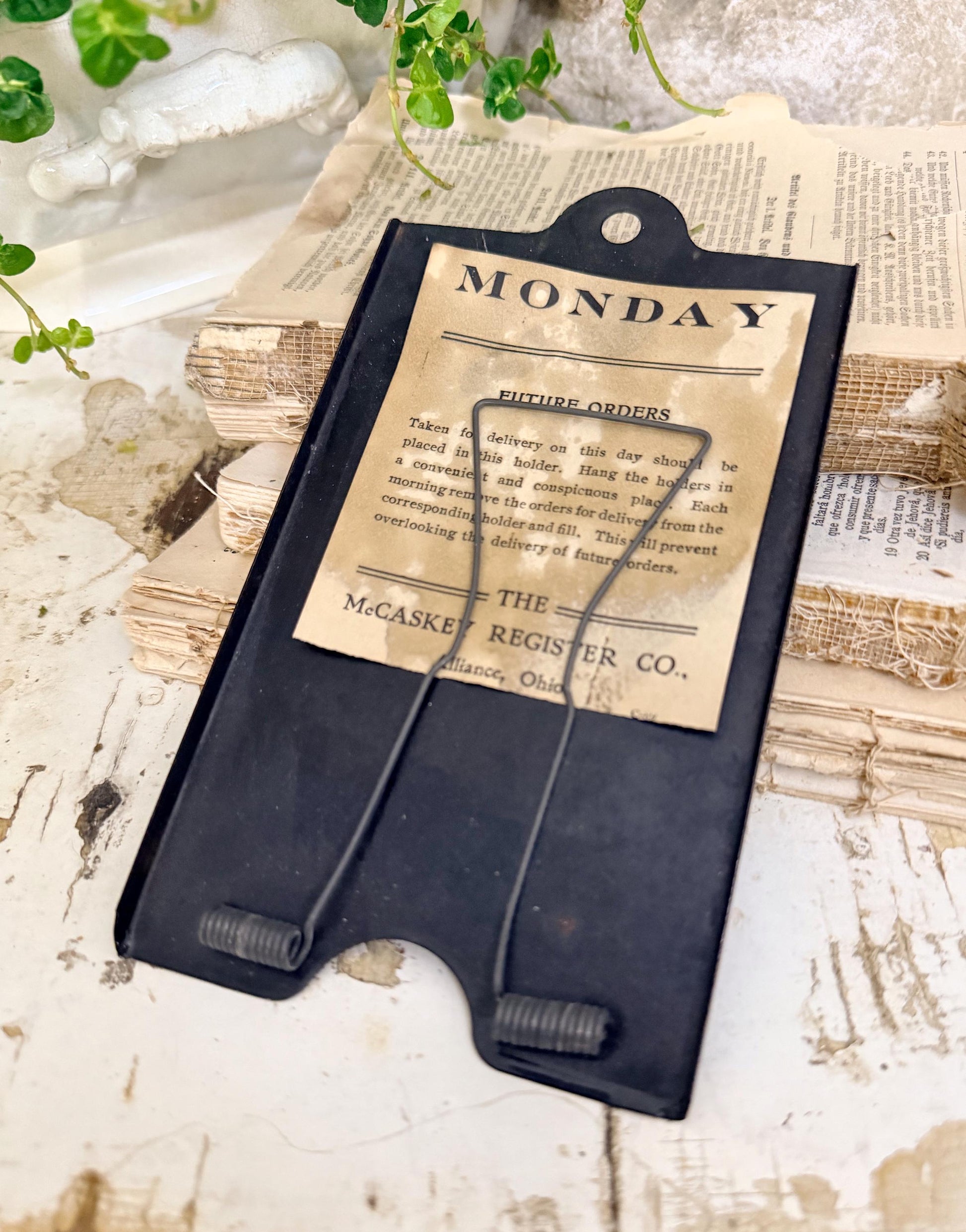 Antique McCaskey Register Clip Receipt Holder, Industrial Metal Clipboard (MONDAY)