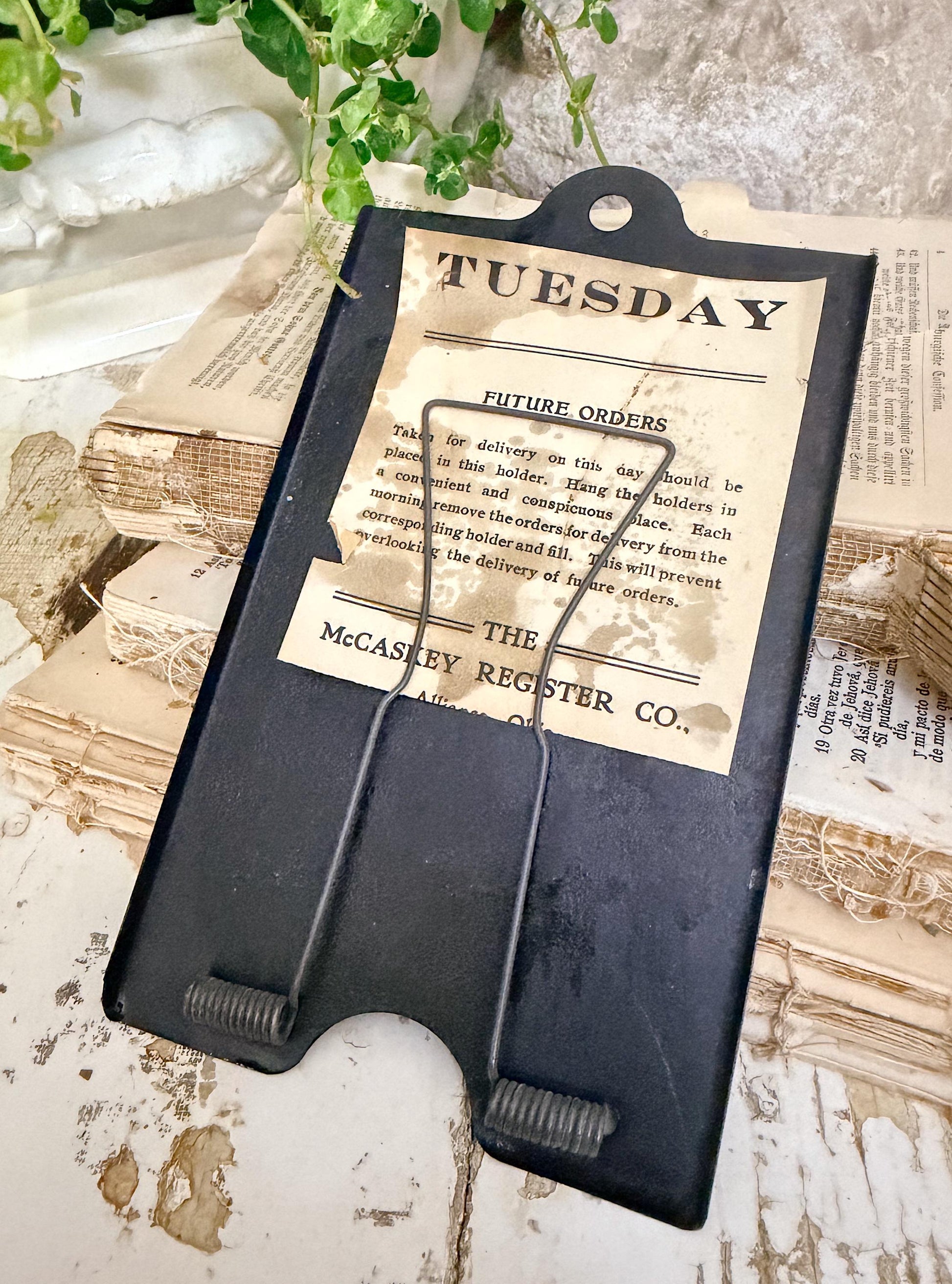 Antique McCaskey Register Clip Holder: TUESDAY Industrial Metal Clipboard