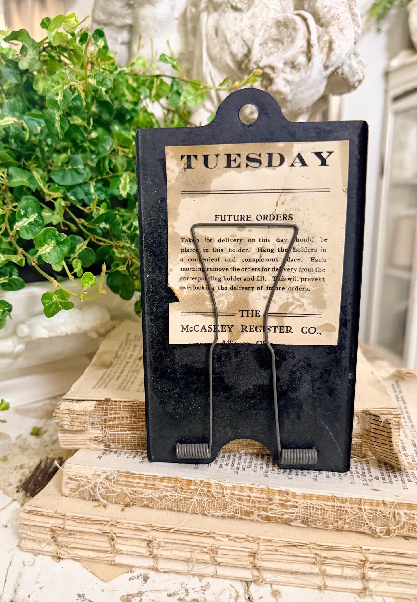 Antique McCaskey Register Clip Holder: TUESDAY Industrial Metal Clipboard