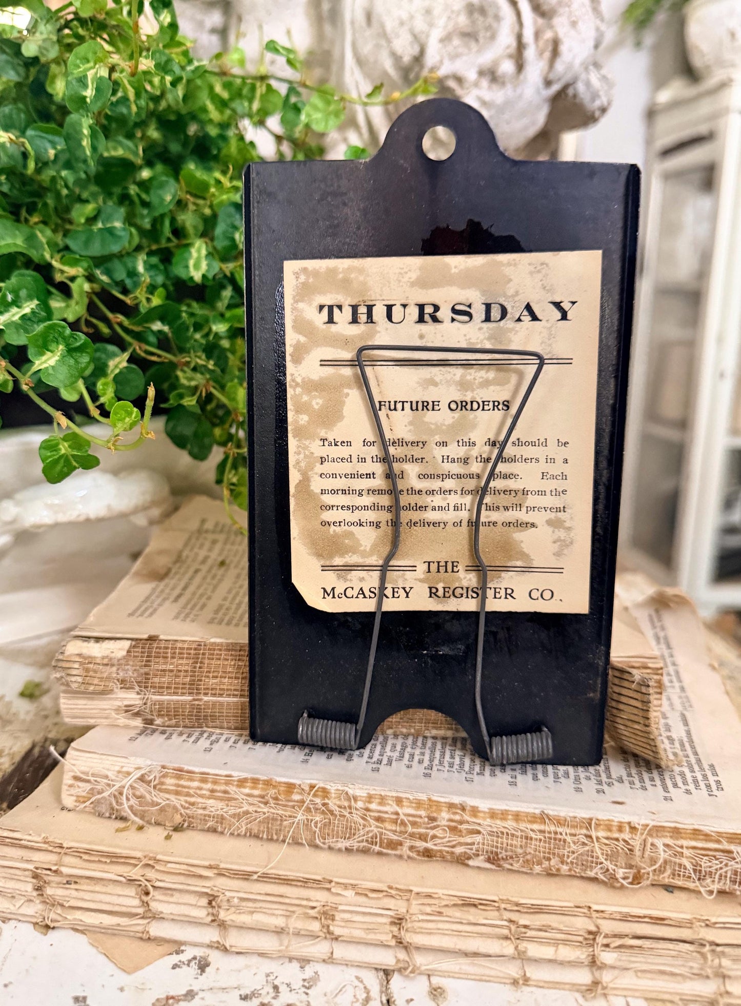Antique McCaskey Register Clip THURSDAY Receipt Holder – Industrial Metal Clipboard Farmhouse Decor