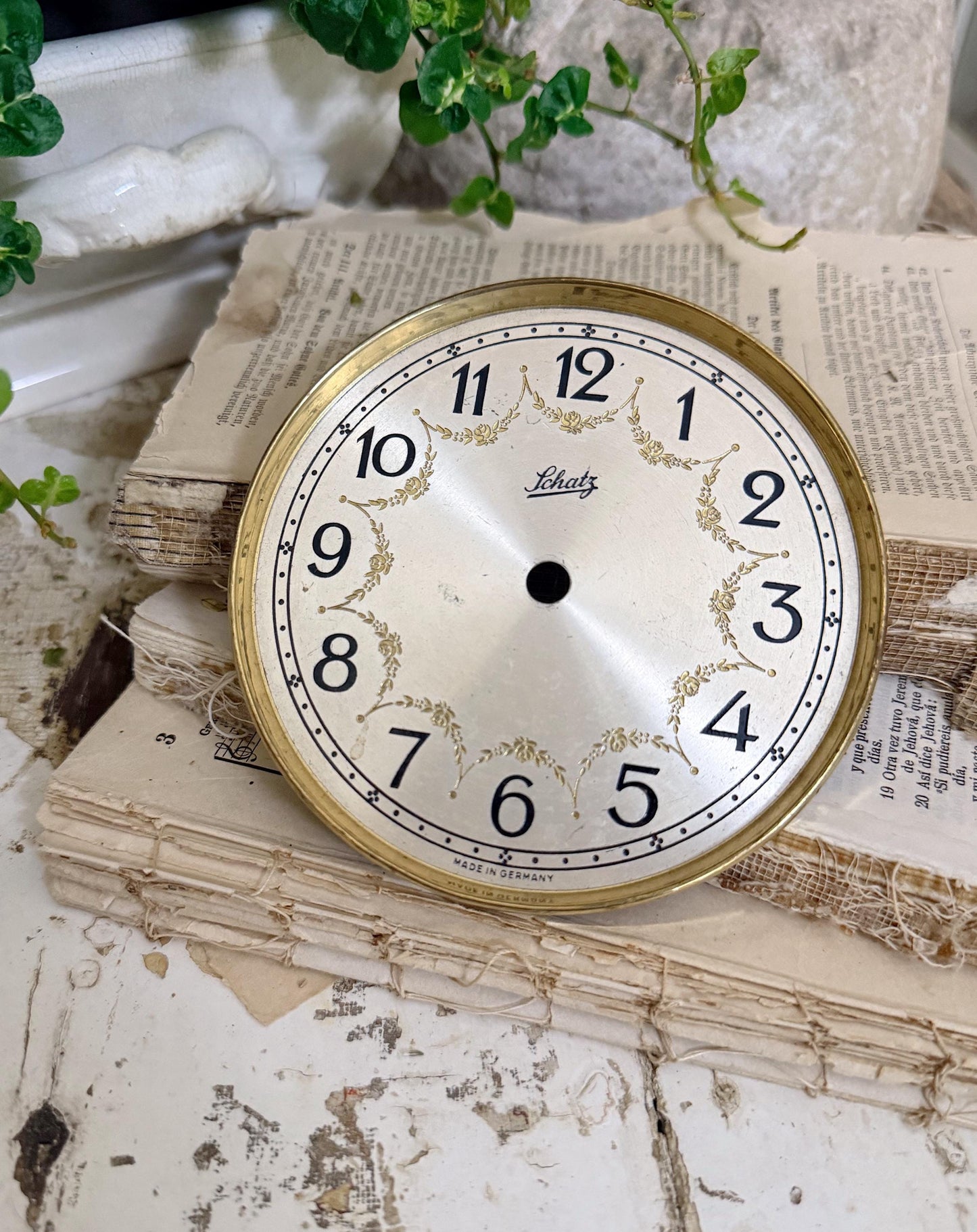 Antique Clock SCHATZ Brass Clock Dial Farmhouse Decor Industrial Salvage Parts GERMANY