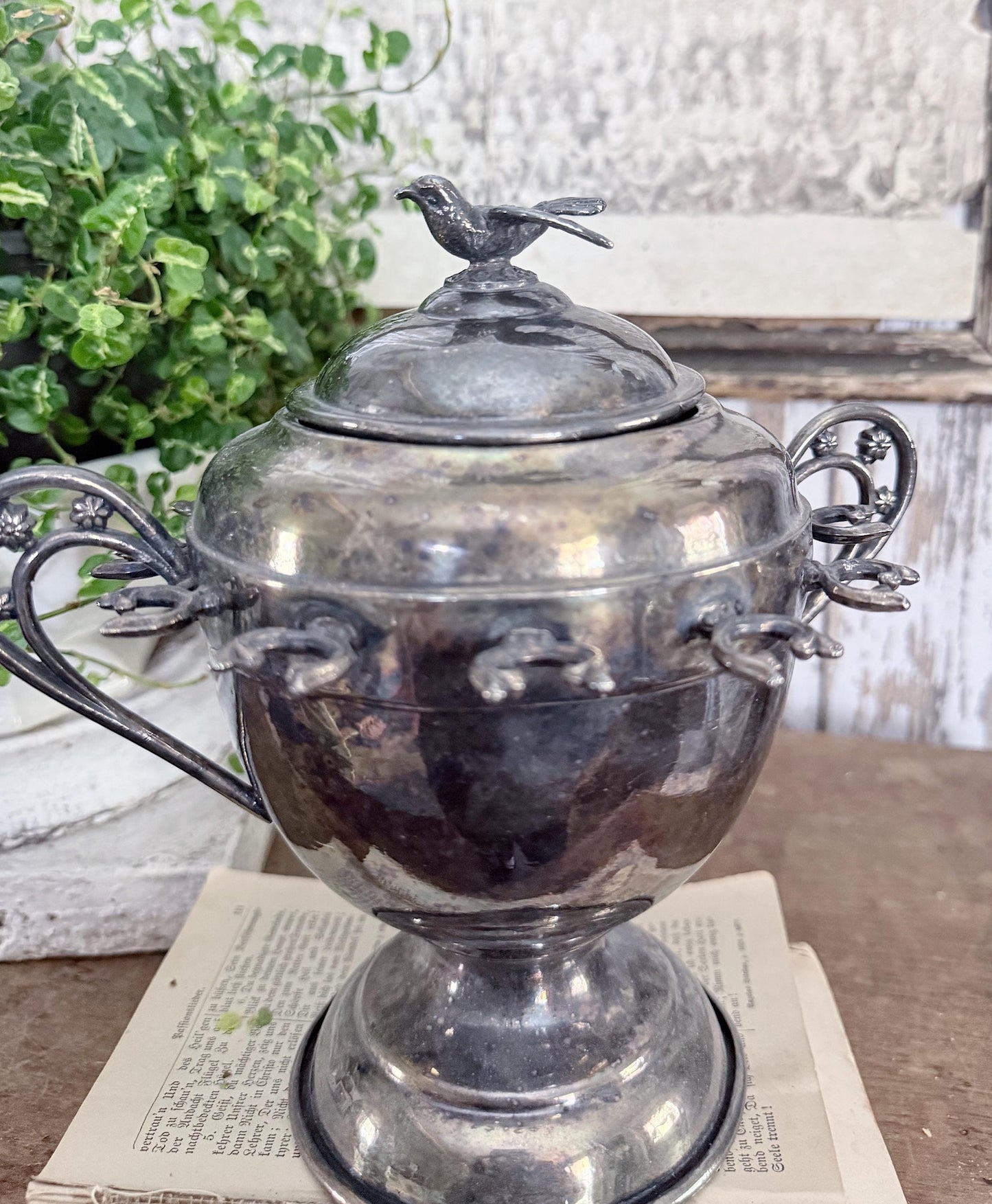 Antique Silver Sugar Jar Spoon Stand BIRD French Country Farmhouse Decor QUADRUPLE Plate