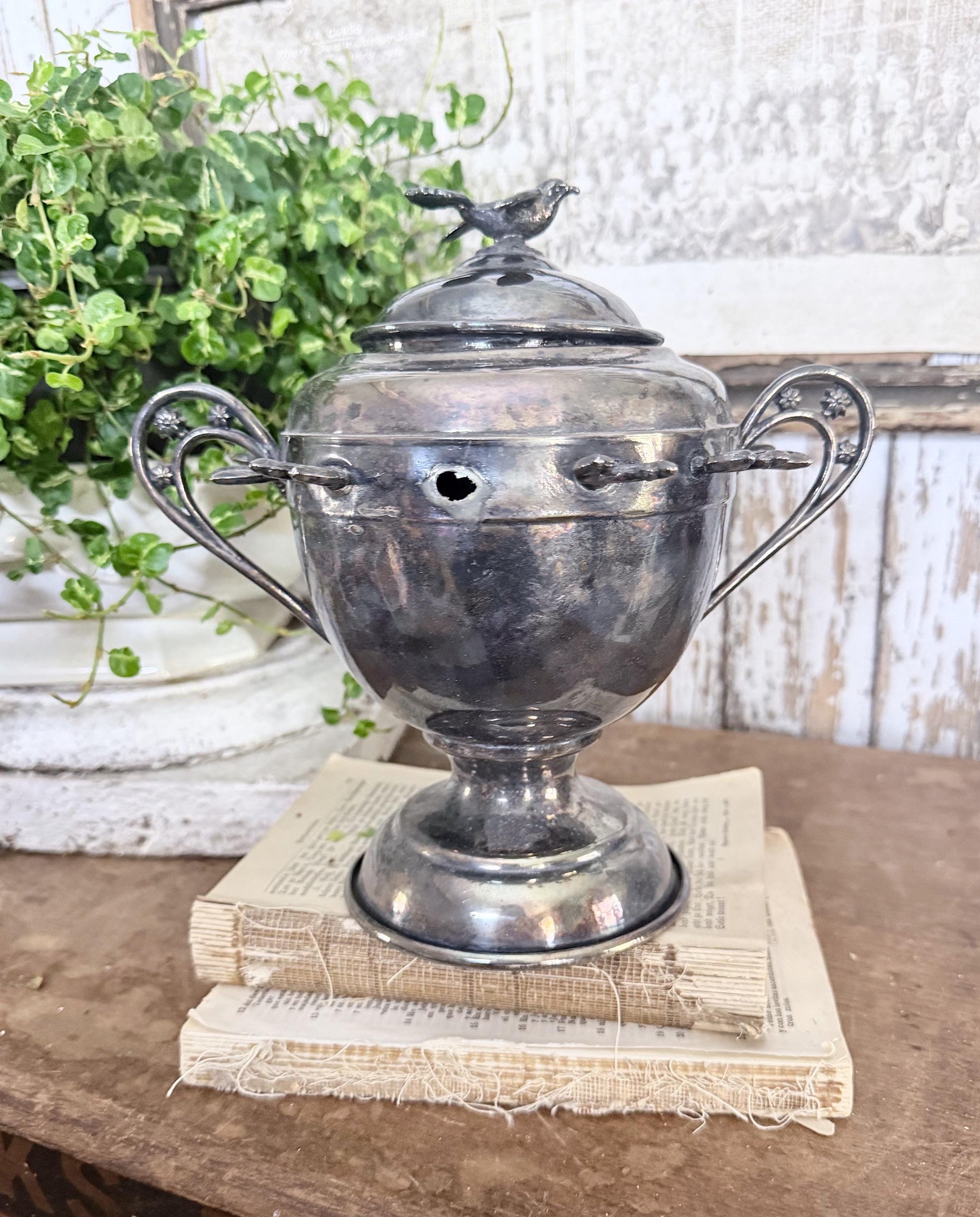 Antique Silver Sugar Jar Spoon Stand BIRD French Country Farmhouse Decor QUADRUPLE Plate