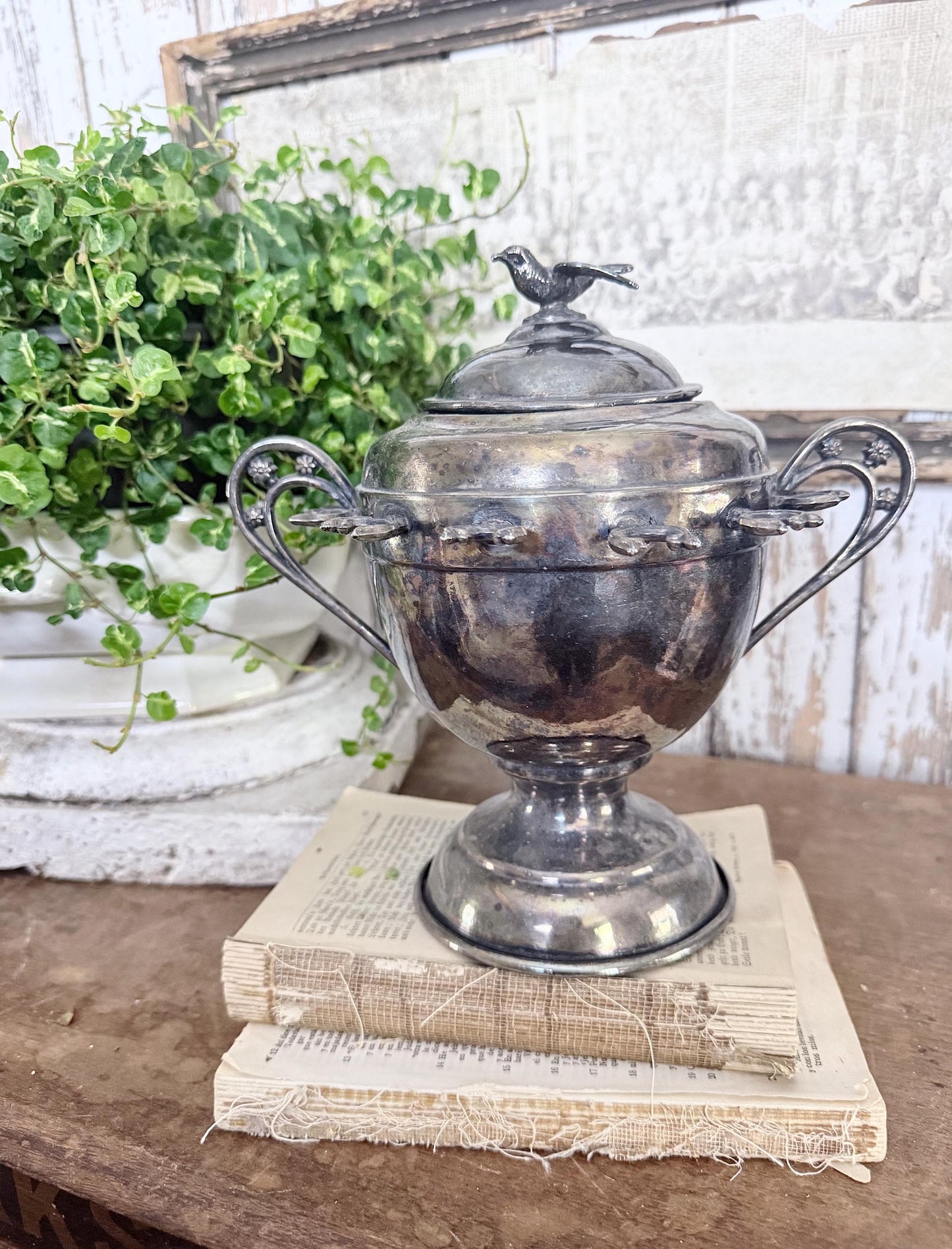 Antique Silver Sugar Jar Spoon Stand BIRD French Country Farmhouse Decor QUADRUPLE Plate