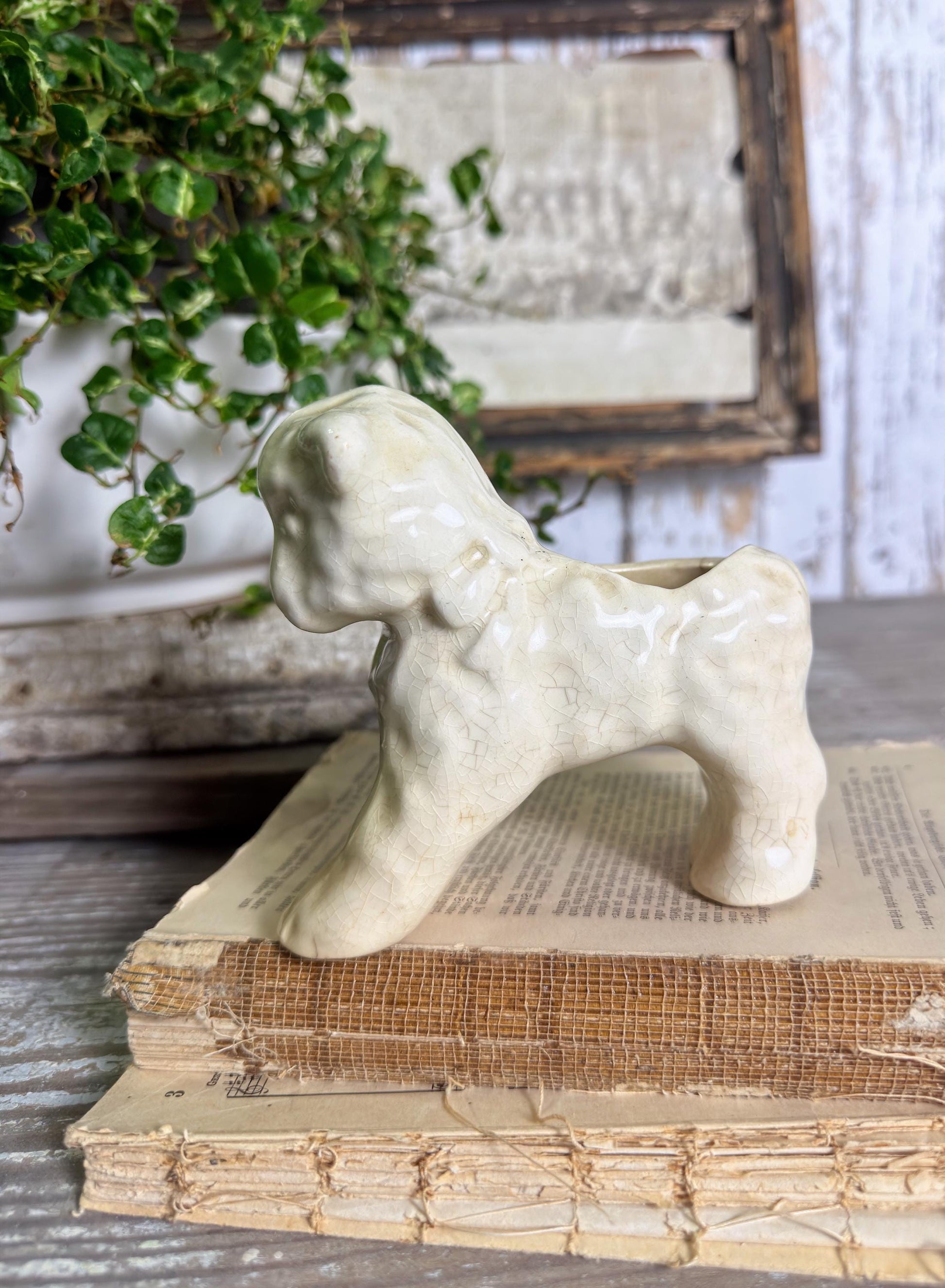 Vintage Ironstone LAMB Planter Creamy White Farmhouse Decor RARE Japan Crazing Grungy Crazed