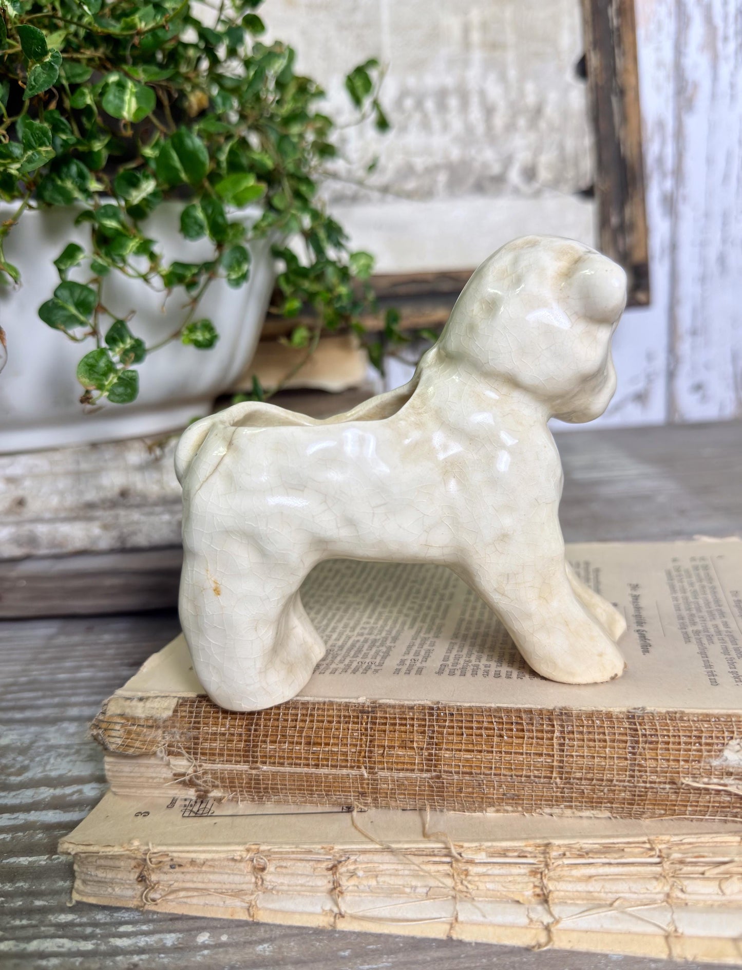 Vintage Ironstone LAMB Planter Creamy White Farmhouse Decor RARE Japan Crazing Grungy Crazed