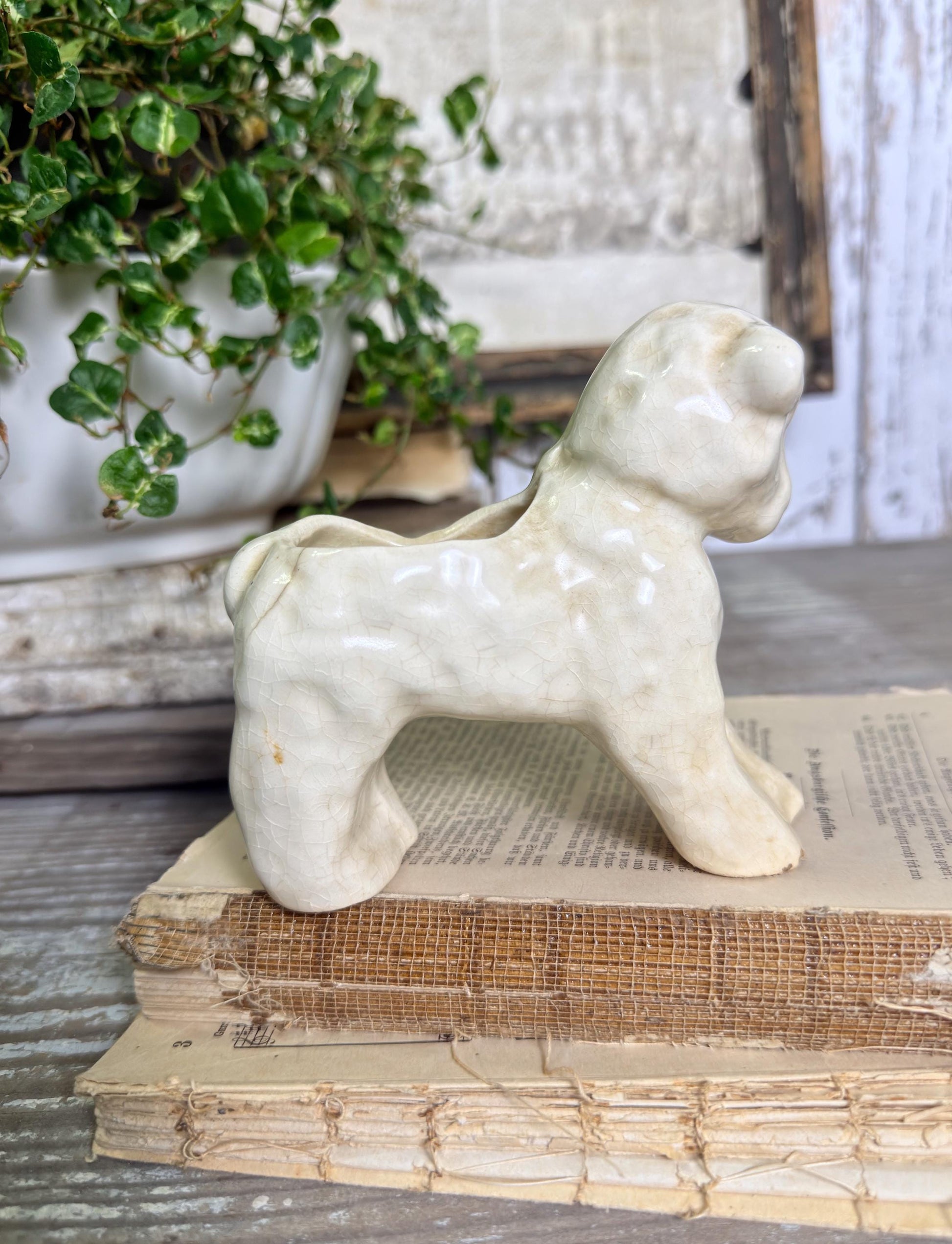 Vintage Ironstone LAMB Planter Creamy White Farmhouse Decor RARE Japan Crazing Grungy Crazed