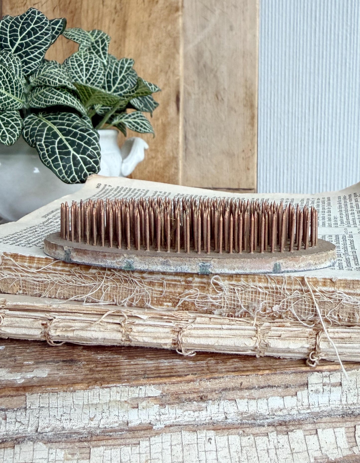 Vintage Metal Floral Frog OVAL COPPER Flower Holder Farmhouse Decor Garden Photo Spike Comb