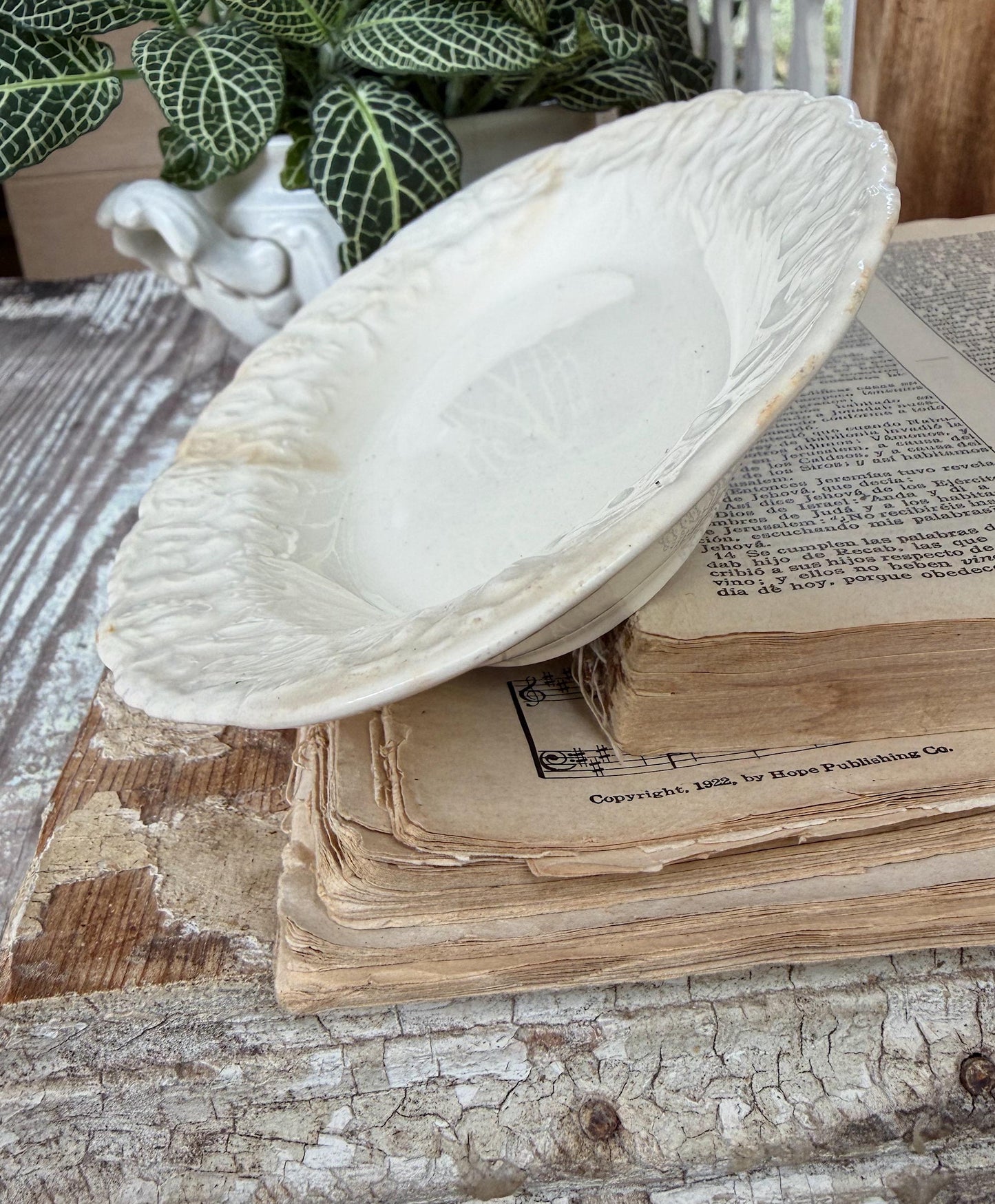Antique Creamy White Ironstone Bowl ROSE POINT Pope Gosser OVAL Bowl Embossed Scallop Farmhouse Decor Crazed Stained