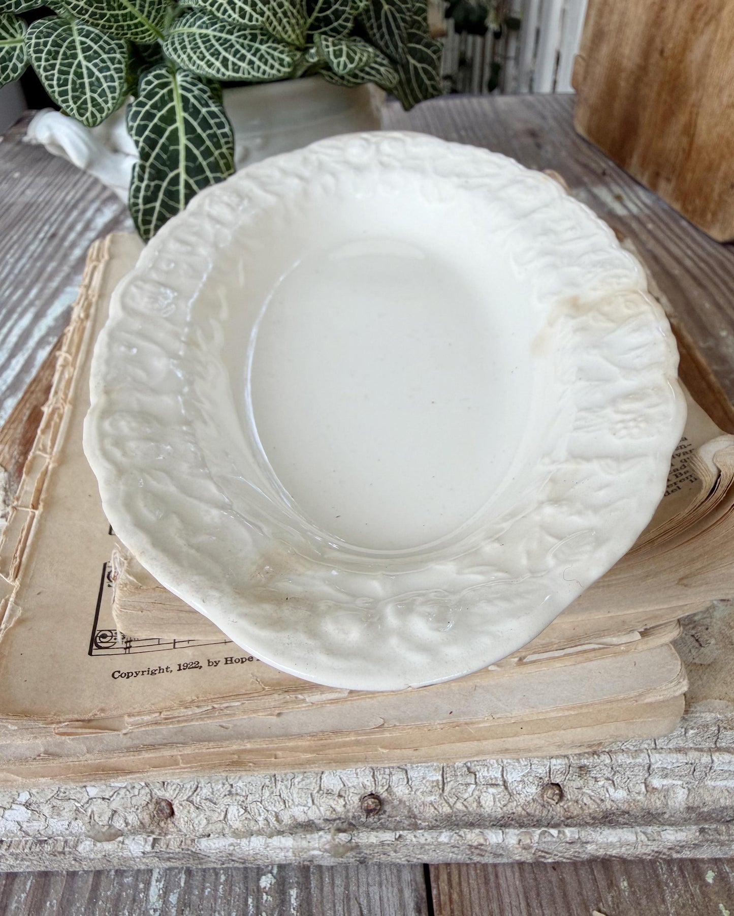 Antique Creamy White Ironstone Bowl ROSE POINT Pope Gosser OVAL Bowl Embossed Scallop Farmhouse Decor Crazed Stained