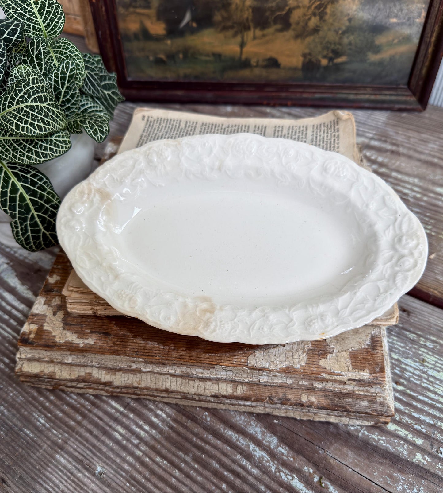 Antique Creamy White Ironstone Bowl ROSE POINT Pope Gosser OVAL Bowl Embossed Scallop Farmhouse Decor Crazed Stained