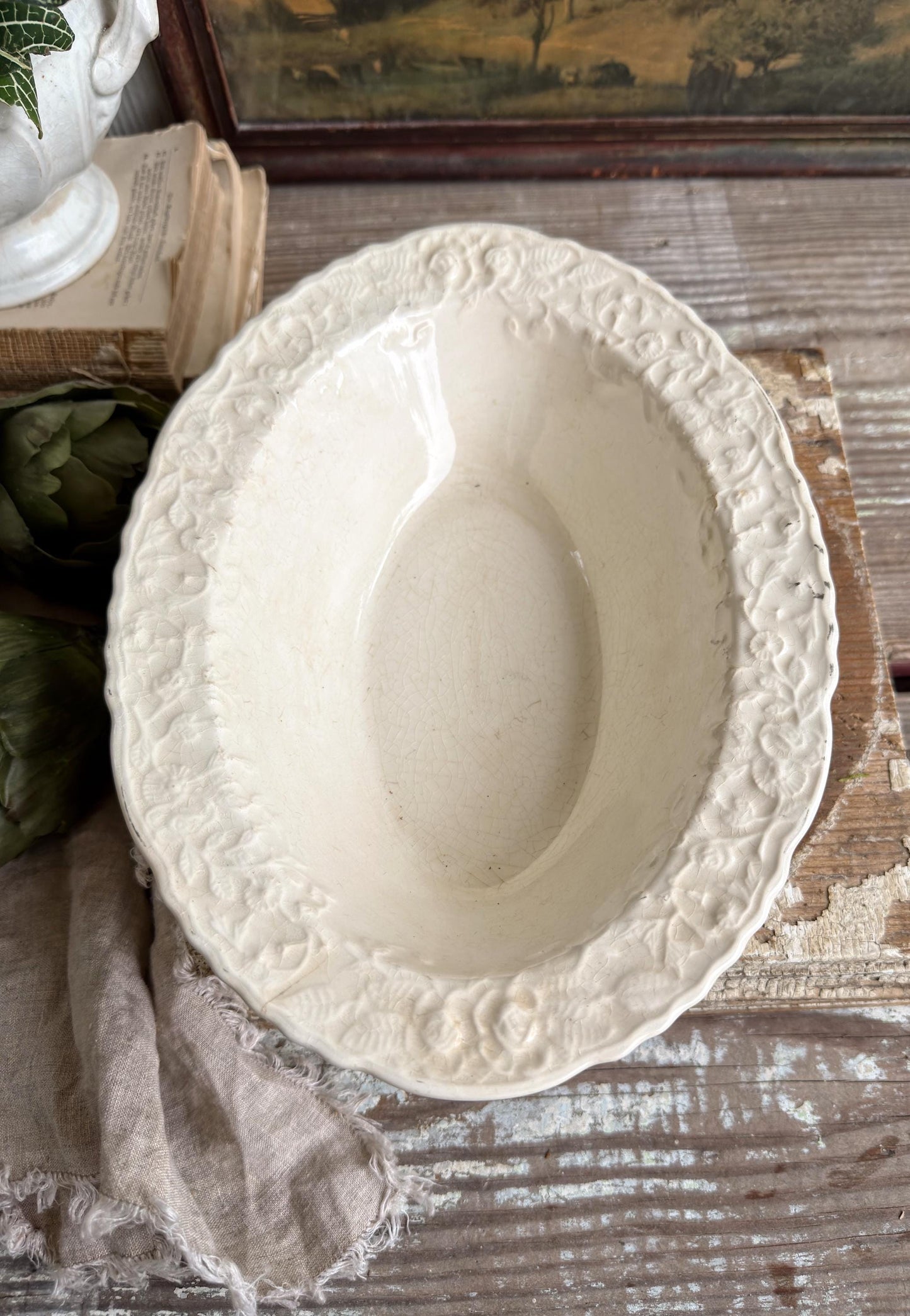 Antique Creamy White Ironstone Bowl OVAL Bowl Embossed Scallop Farmhouse Decor Crazed Stained