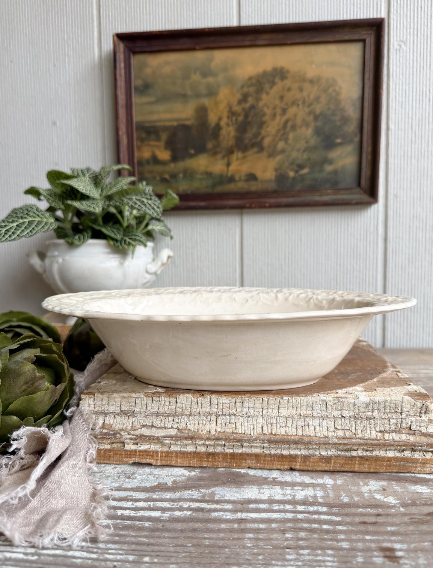 Antique Creamy White Ironstone Bowl OVAL Bowl Embossed Scallop Farmhouse Decor Crazed Stained