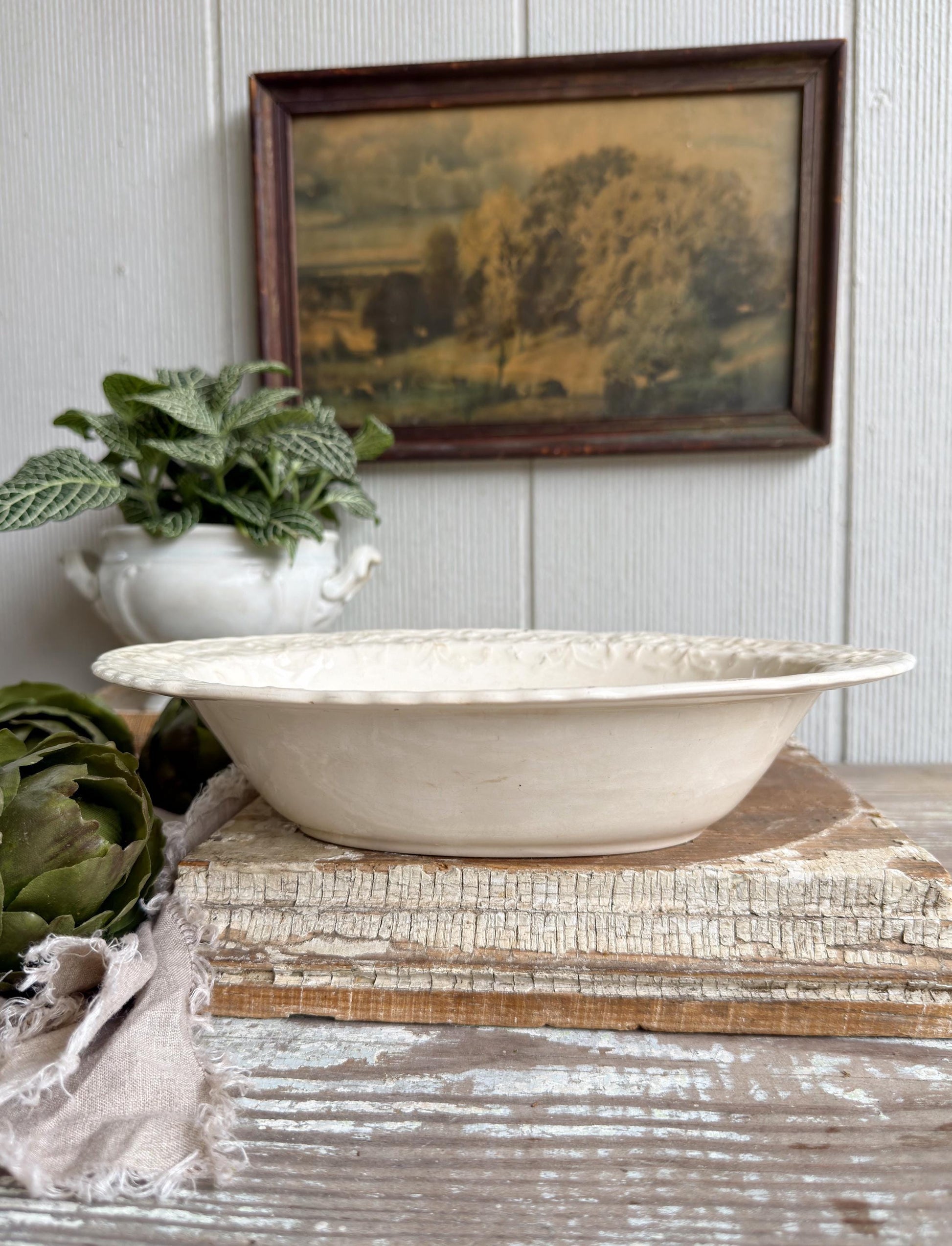 Antique Creamy White Ironstone Bowl OVAL Bowl Embossed Scallop Farmhouse Decor Crazed Stained