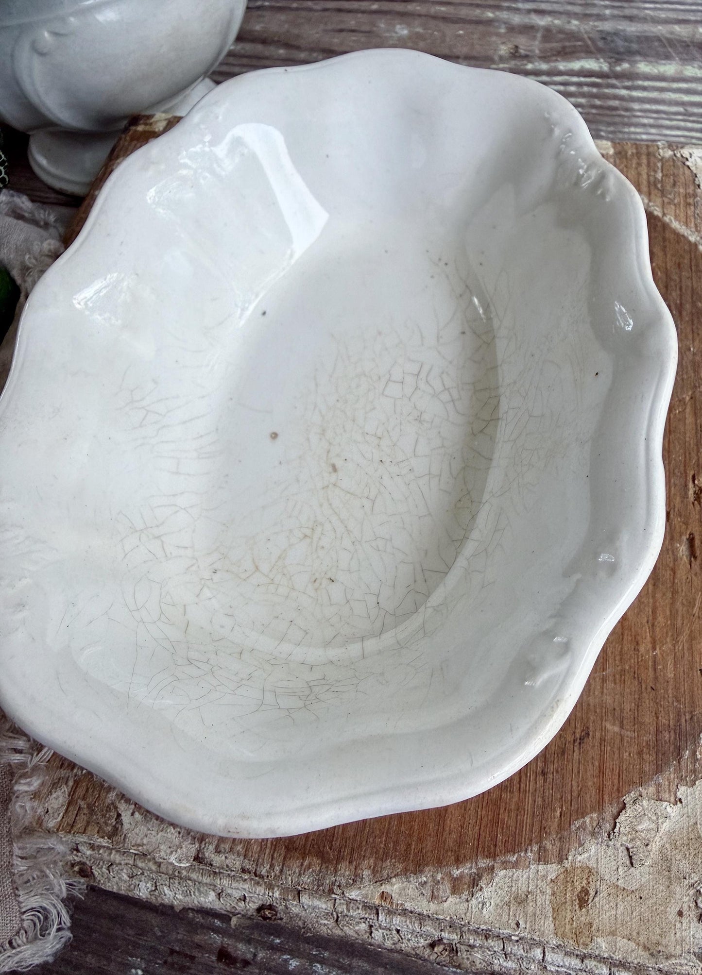 Antique White Ironstone Soap Dish Scalloped Farmhouse Decor Johnson Bros. Chunky