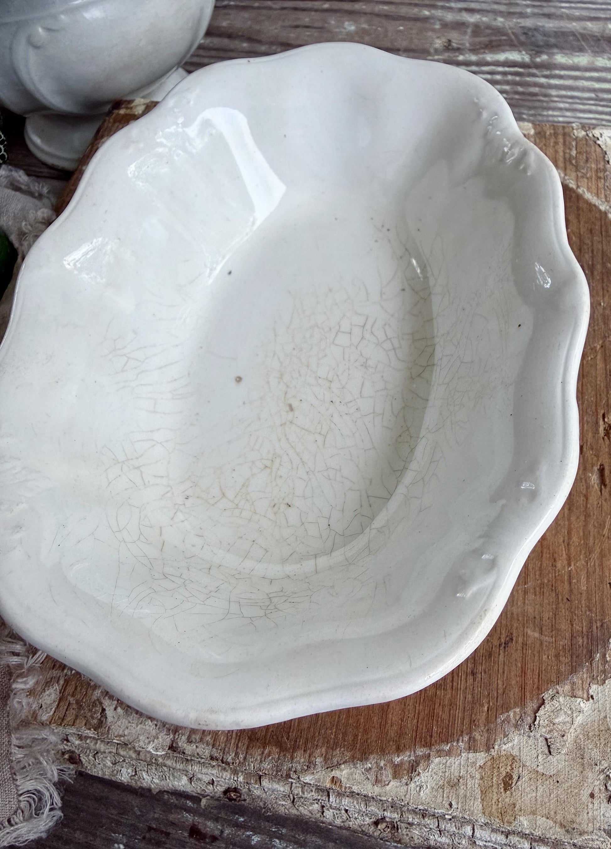 Antique White Ironstone Soap Dish Scalloped Farmhouse Decor Johnson Bros. Chunky