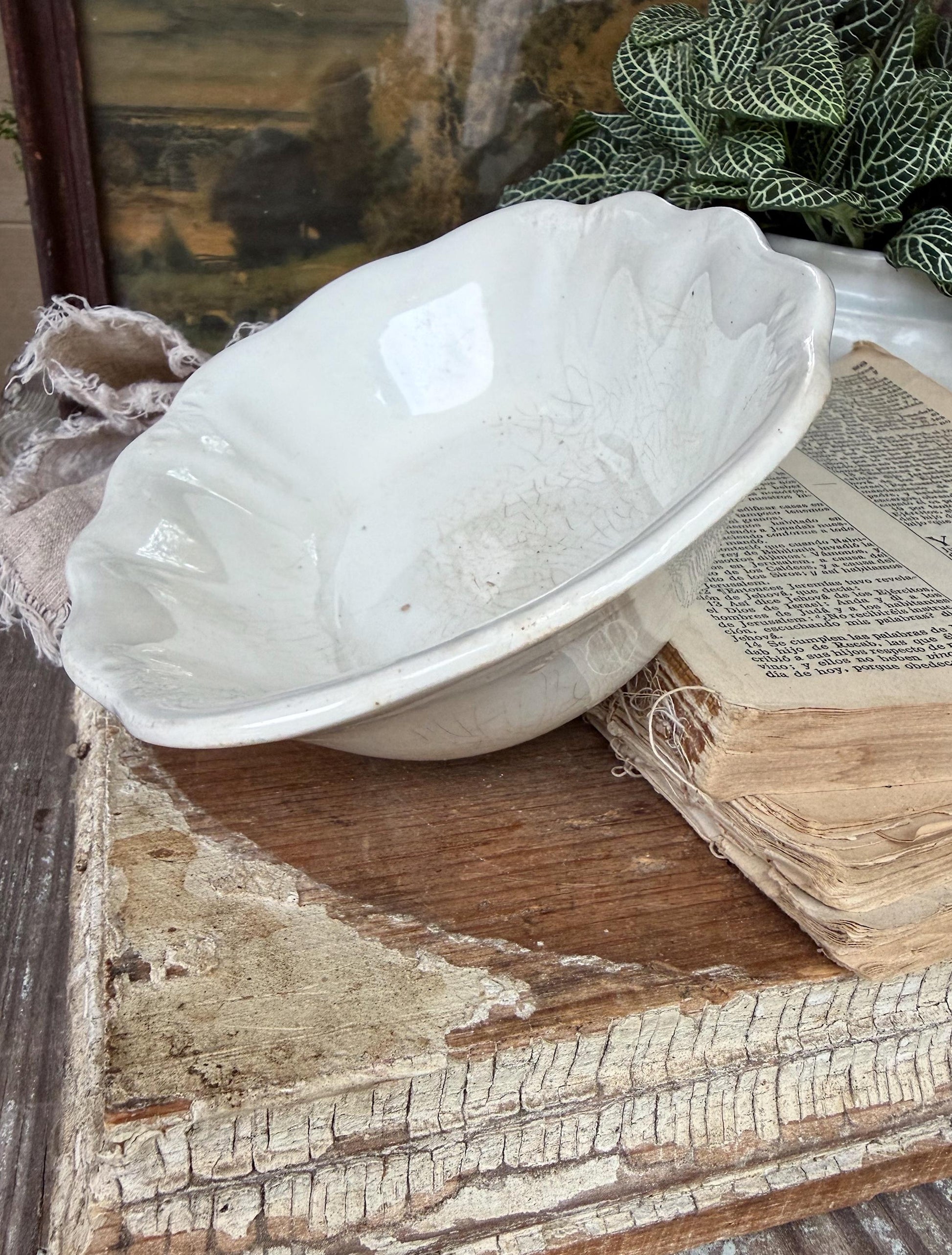 Antique White Ironstone Soap Dish Scalloped Farmhouse Decor Johnson Bros. Chunky