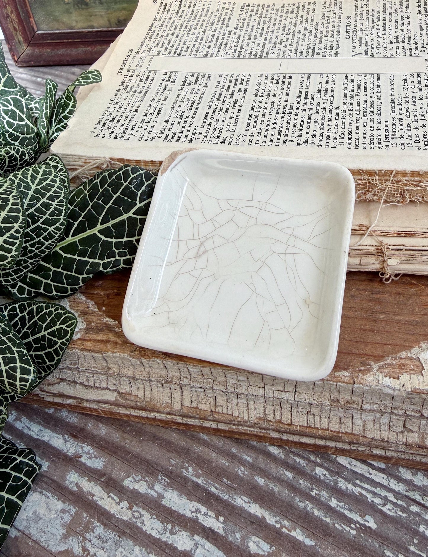 Antique White Ironstone SQUARE Butter Pat Farmhouse Decor Stained Grungy Crazing John MADDOCK England